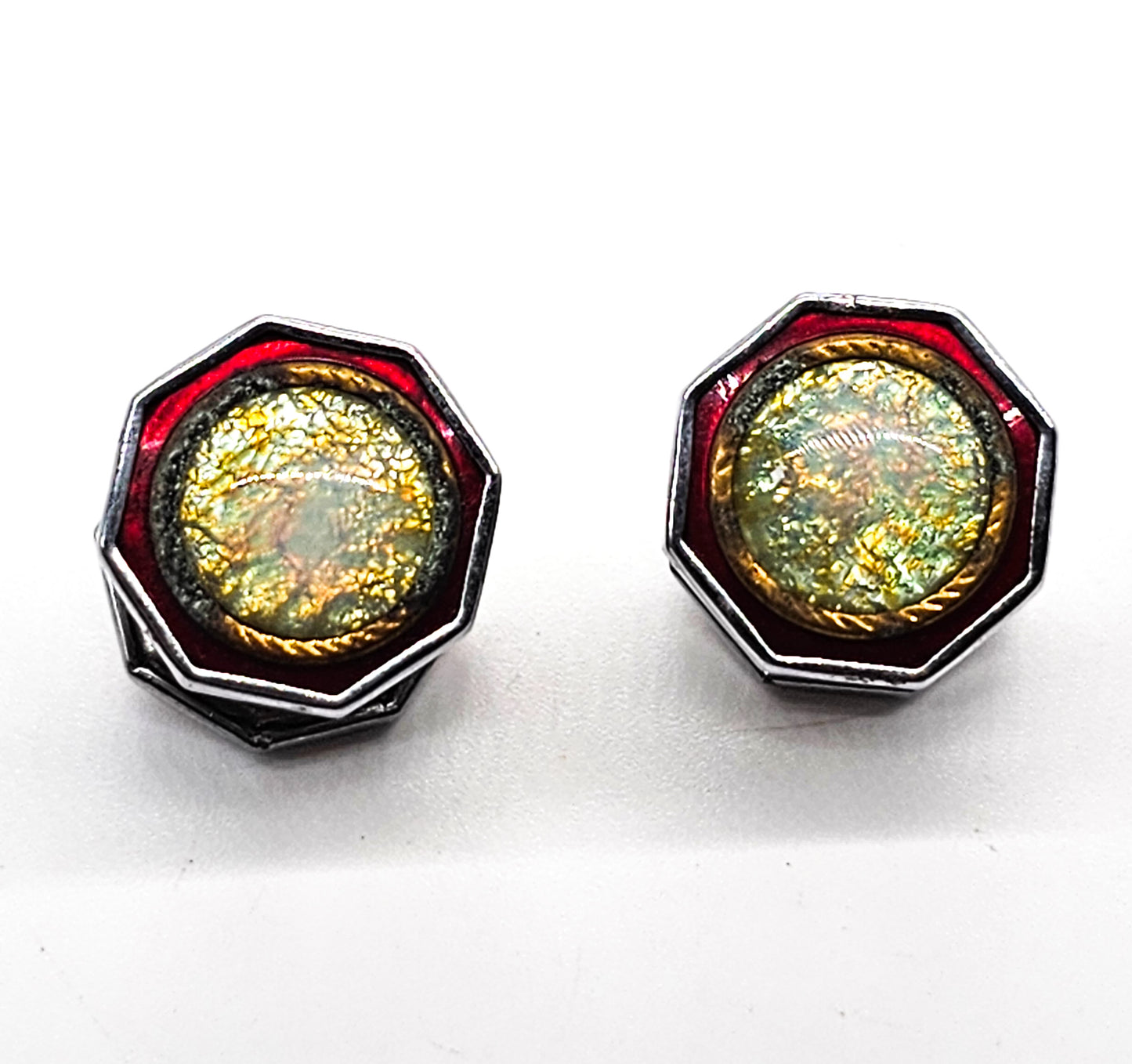 Art Deco Dichroic glass and red guilloche enamel vintage snap cuff links