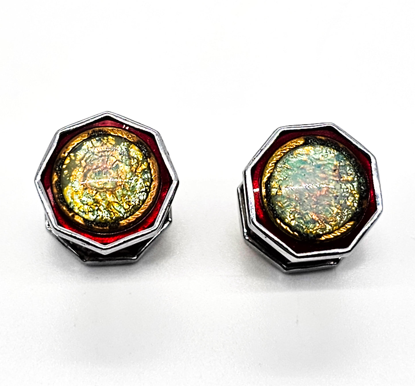 Art Deco Dichroic glass and red guilloche enamel vintage snap cuff links
