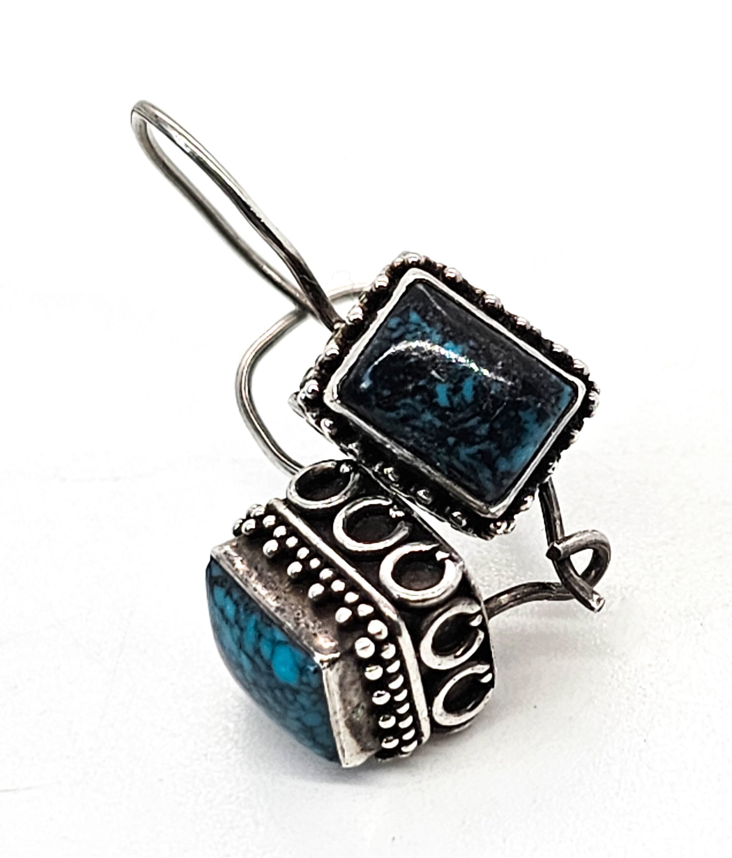 Turquois Bali Balinese style black and blue gemstone sterling silver earrings