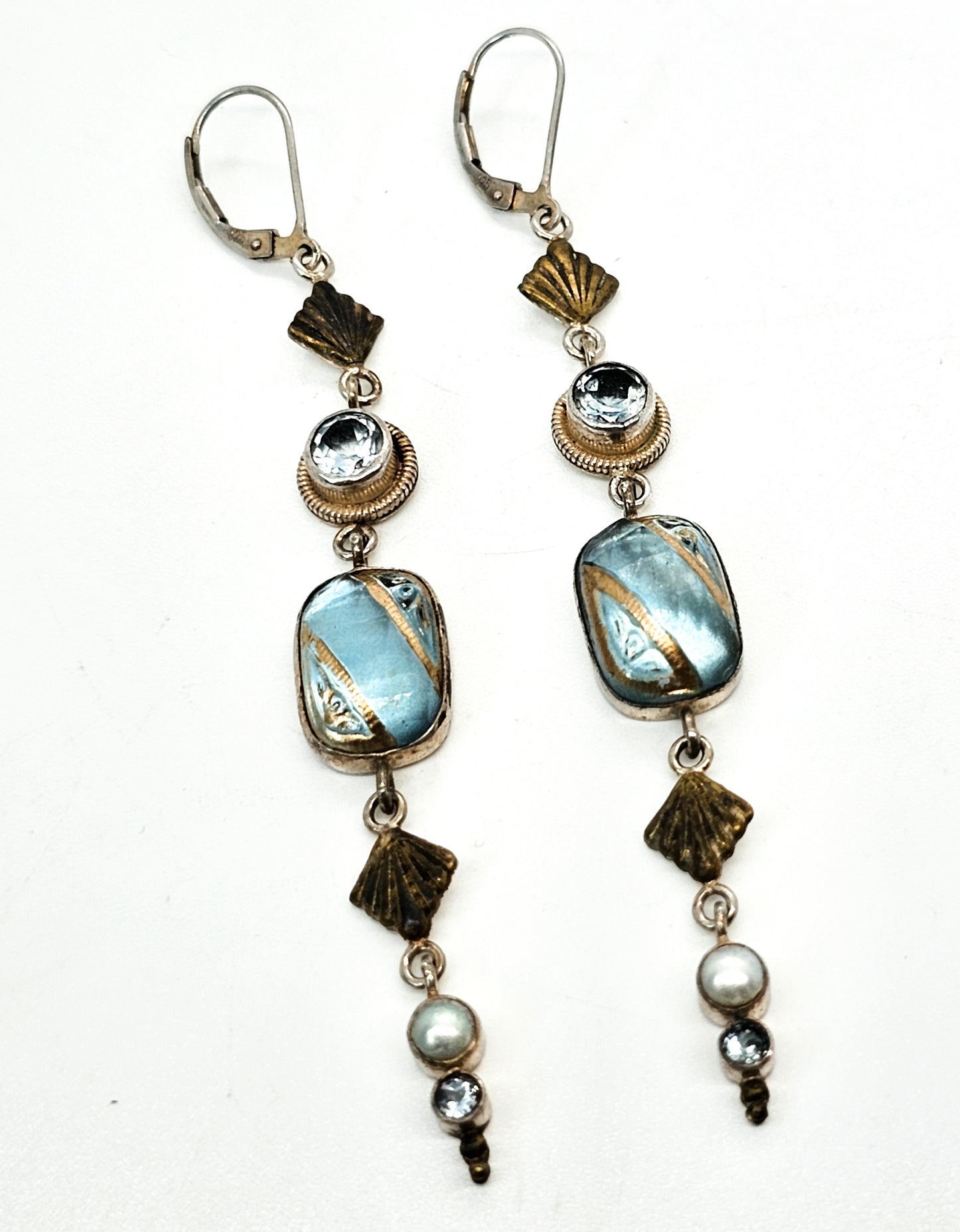 Blue topaz painted Czech glass pearl sterling silver long vintage earrings