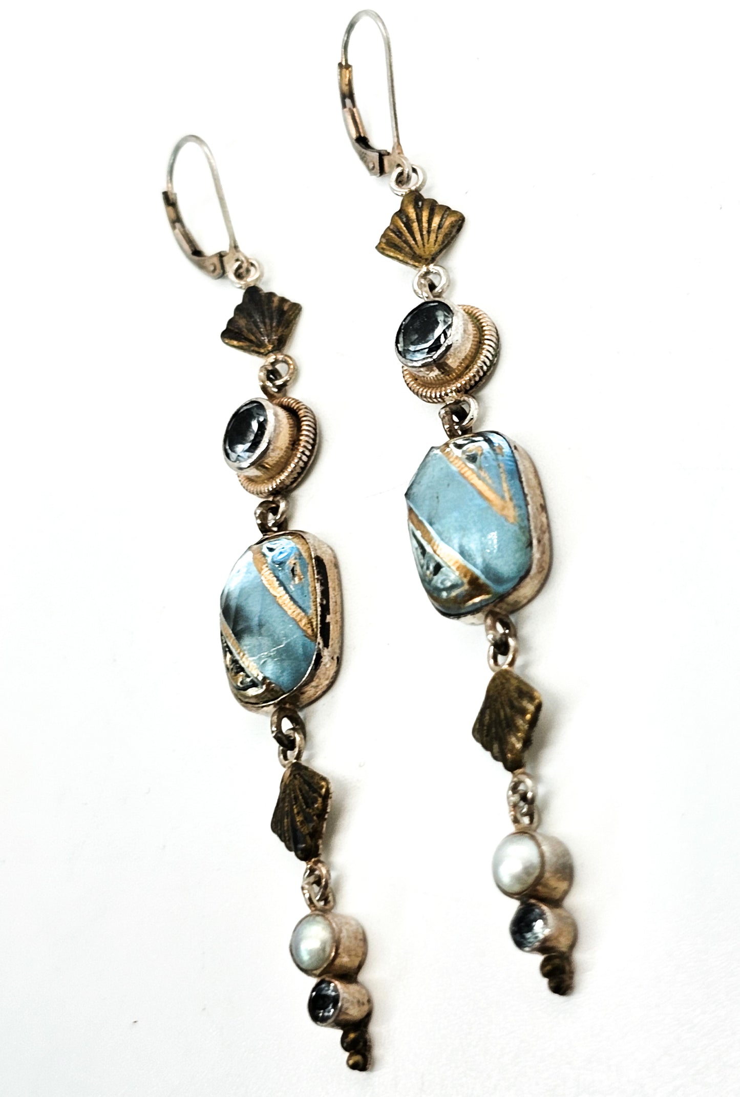 Blue topaz painted Czech glass pearl sterling silver long vintage earrings