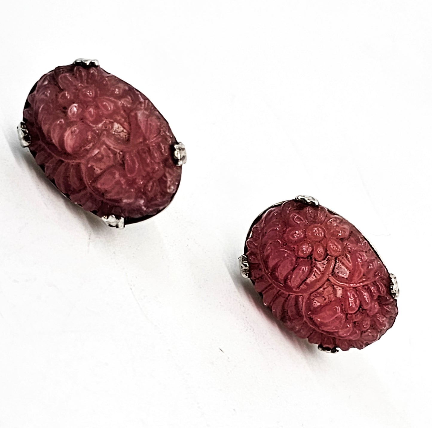 Pink Molded Czech glass vintage screw back sterling silver earrings