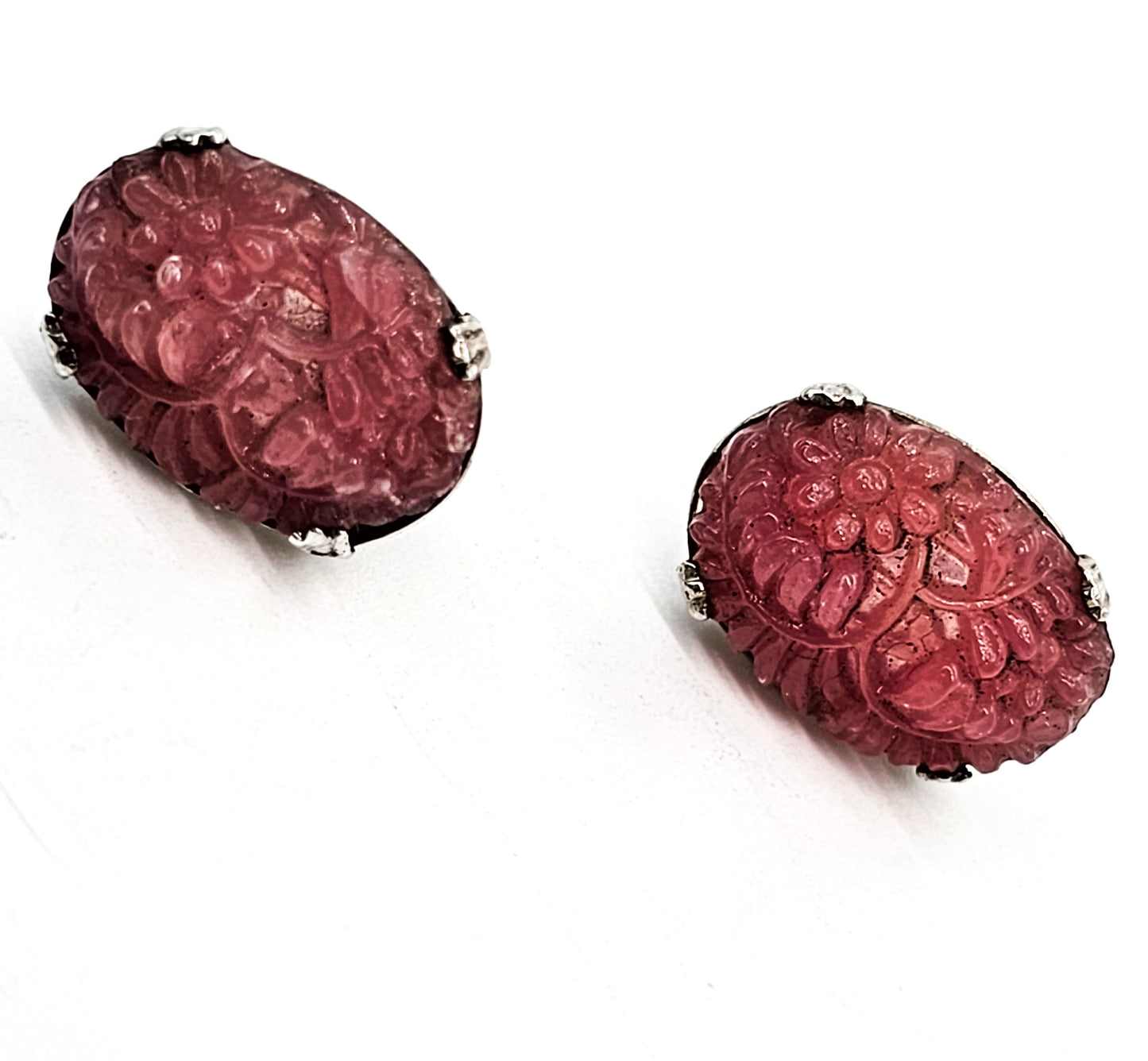 Pink Molded Czech glass vintage screw back sterling silver earrings