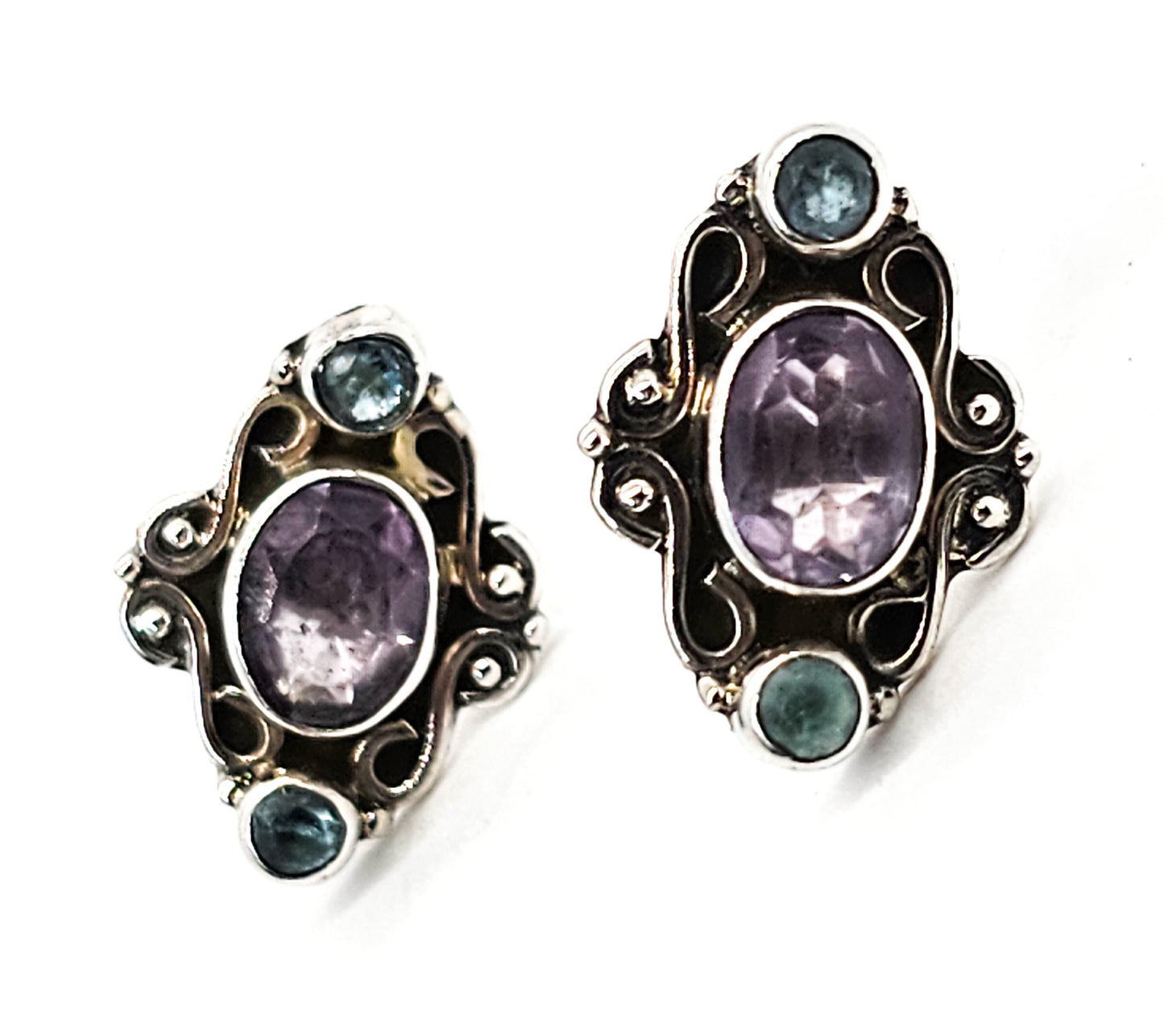 Amethyst and blue topaz Balinese scroll sterling silver stud earrings