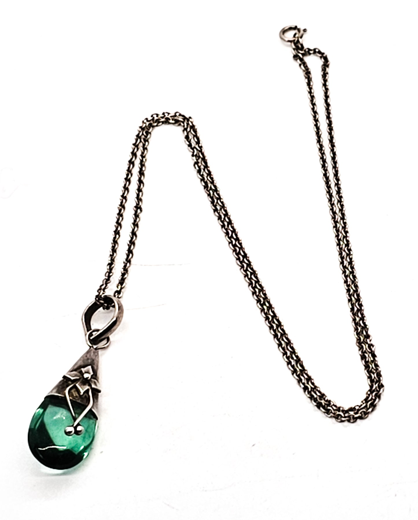Fluorite green gemstone drop sterling silver flower pendant necklace