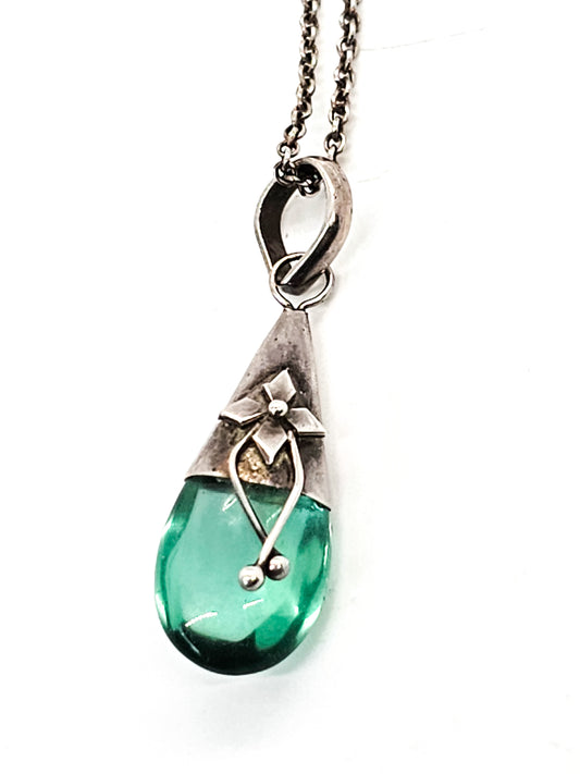 Fluorite green gemstone drop sterling silver flower pendant necklace