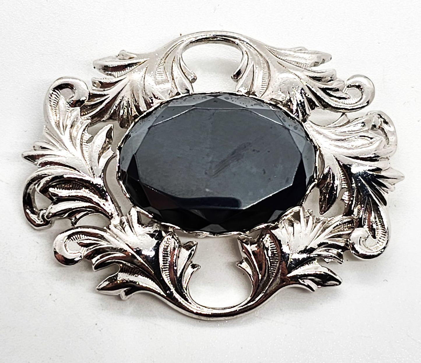Hematite large faceted gray stone rhodium plated mid century vintage brooch