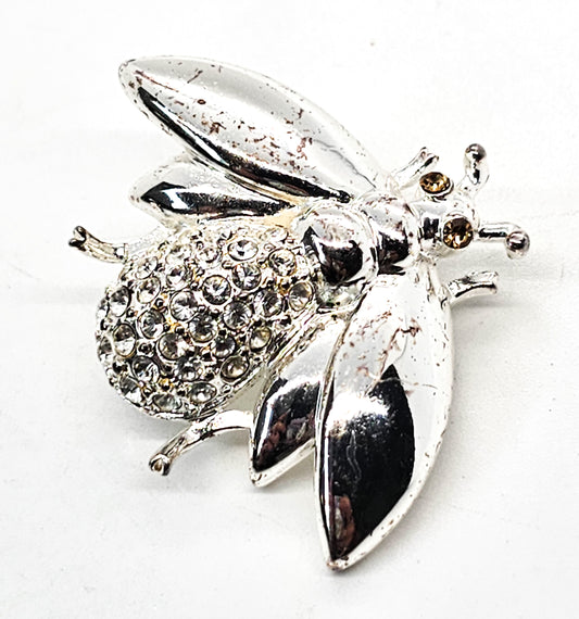 Bee Pollinator silver toned rhinestone vintage brooch