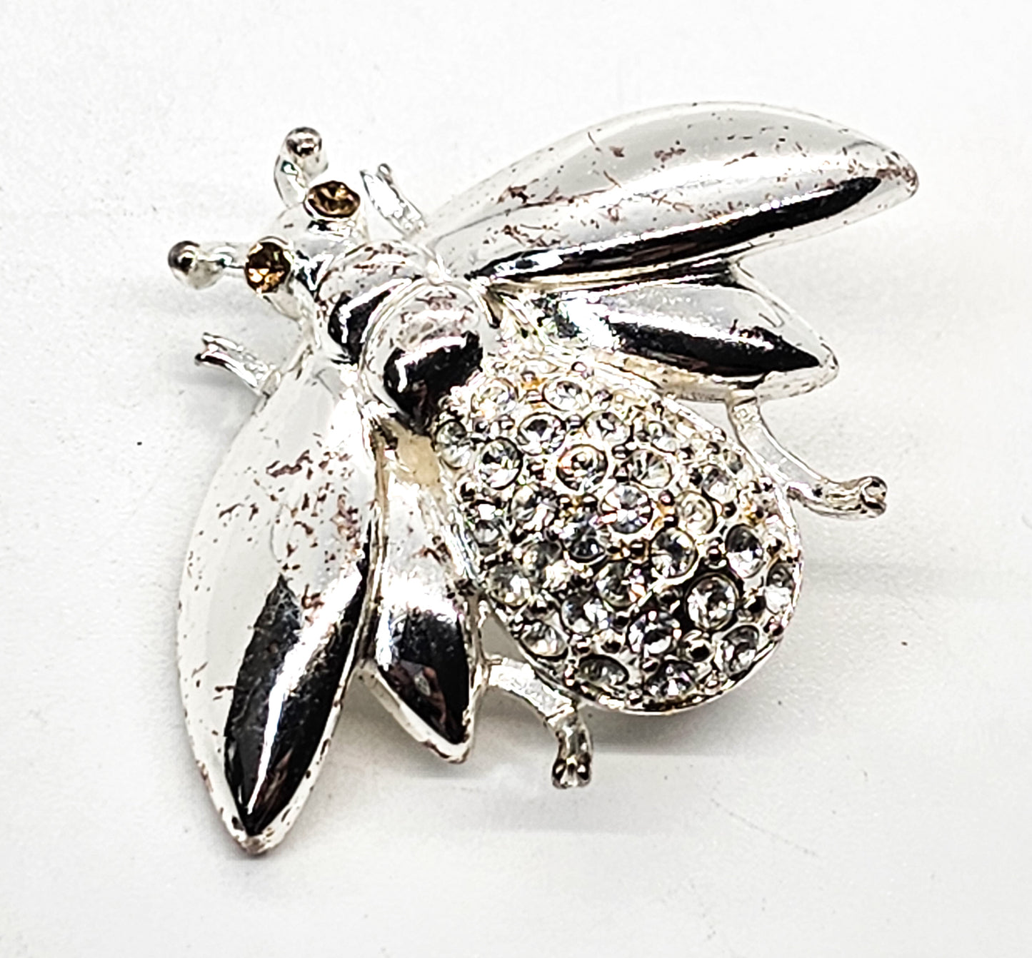 Bee Pollinator silver toned rhinestone vintage brooch