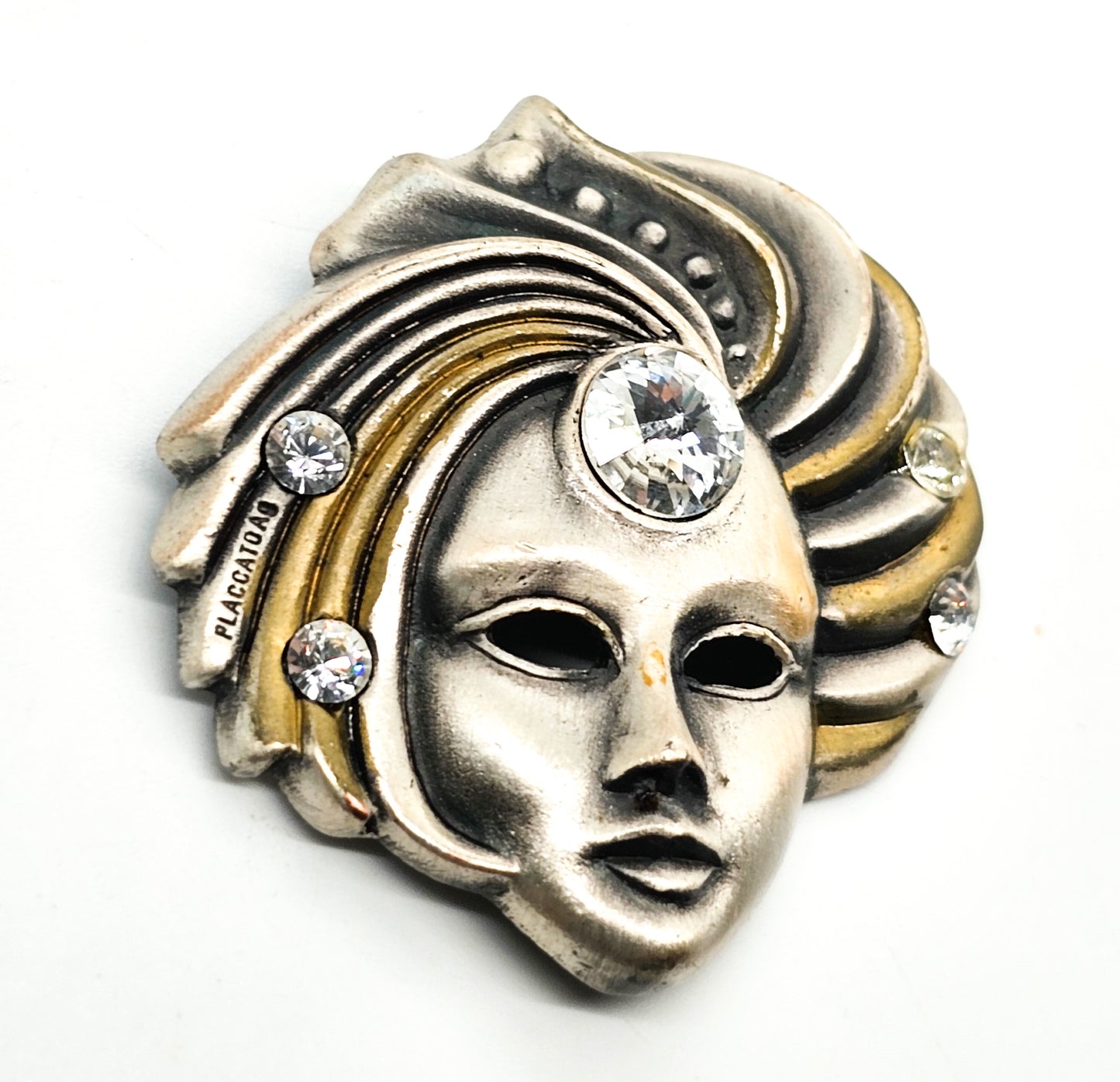 Placcato Ag Carnival mask pewter bronze vintage rhinestone brooch