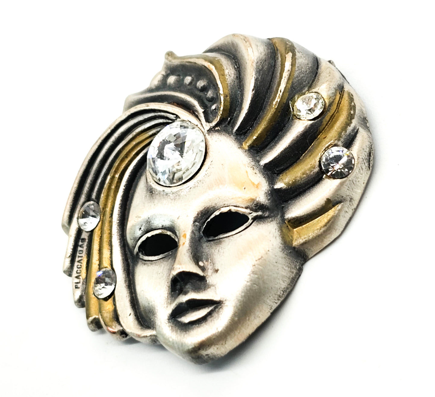 Placcato Ag Carnival mask pewter bronze vintage rhinestone brooch