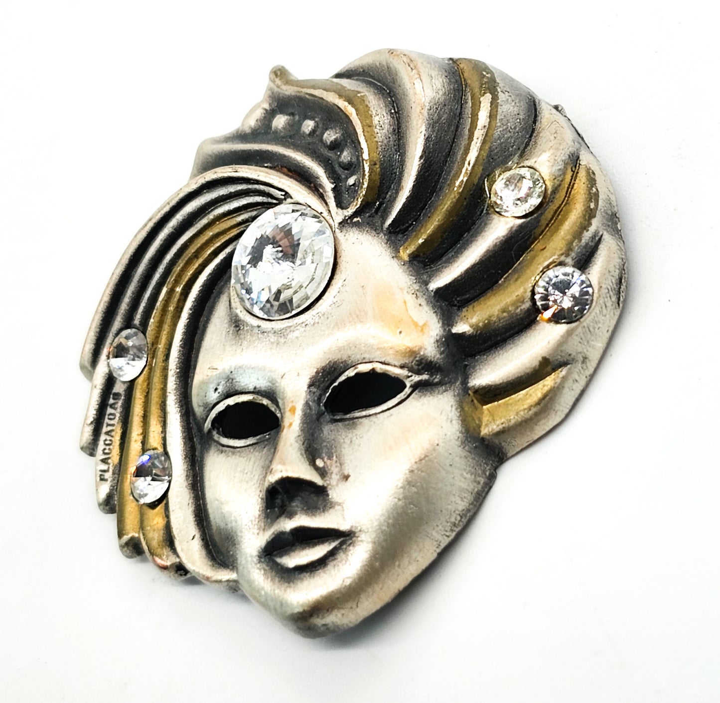 Placcato Ag Carnival mask pewter bronze vintage rhinestone brooch