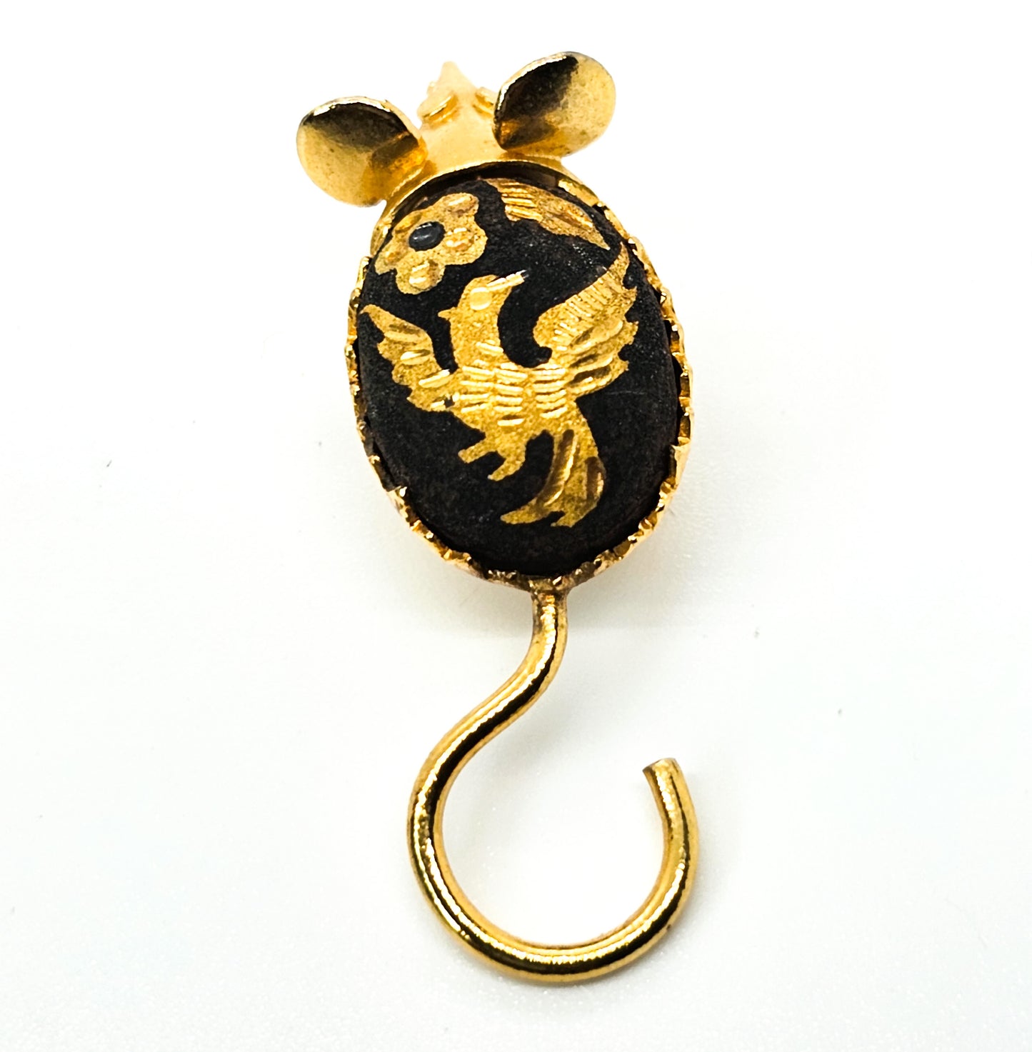 Chinese Damascene gold toned mouse with flying bird vintage brooch