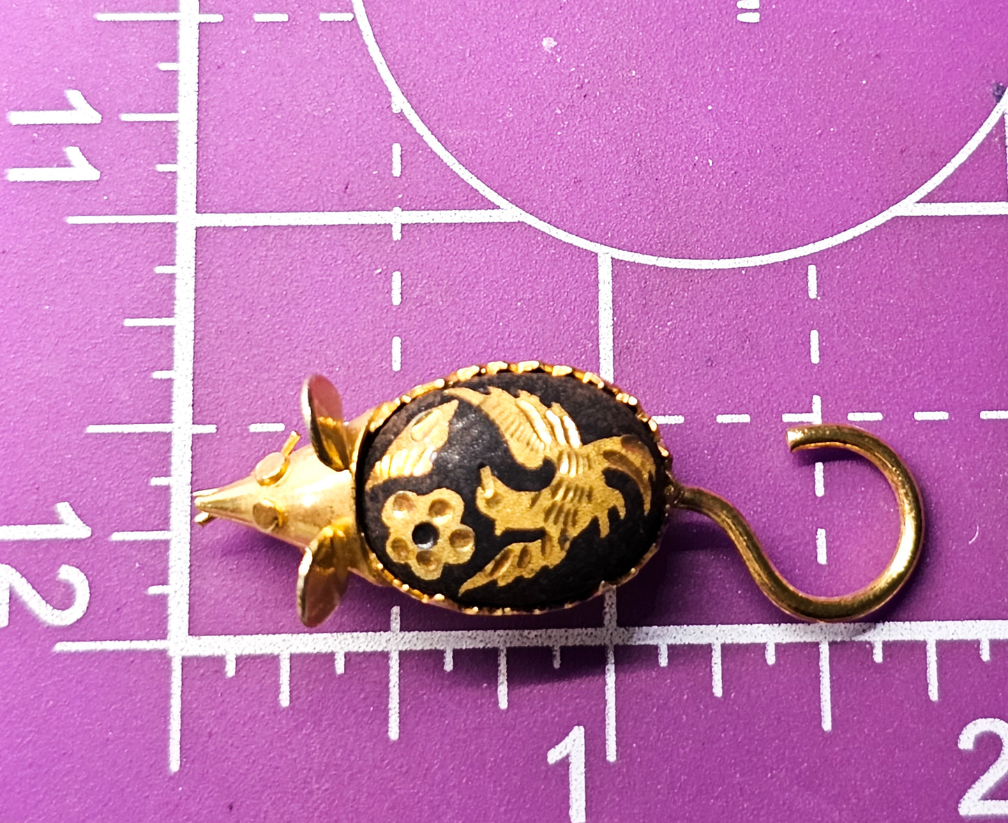 Chinese Damascene gold toned mouse with flying bird vintage brooch