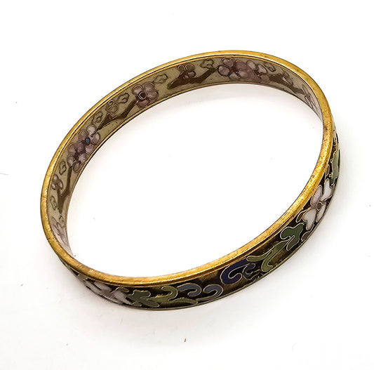 Chinese Cloisonne enamel painted textured lotus flower bangle bracelet