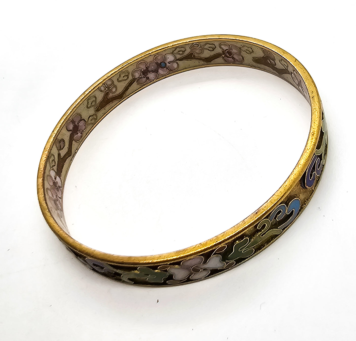 Chinese Cloisonne enamel painted textured lotus flower bangle bracelet