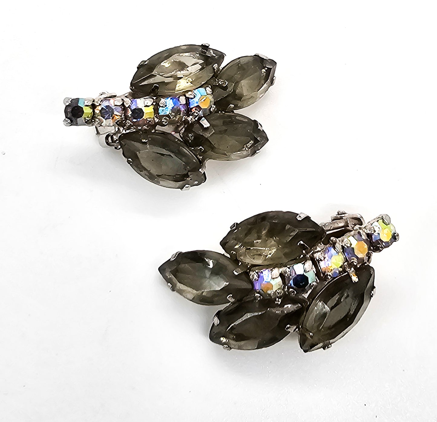 Smokey grey leaf Aurora Borealis mid century vintage clip on earrings