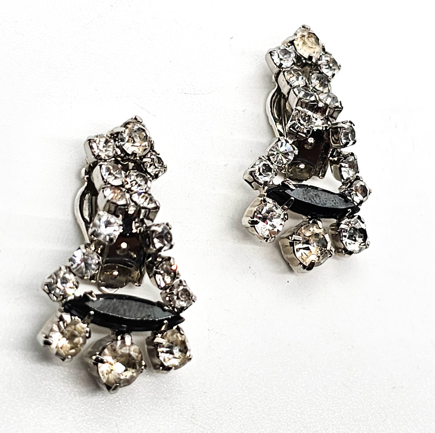 Hematite clear rhinestone articulated drop vintage mid century clip on earrings