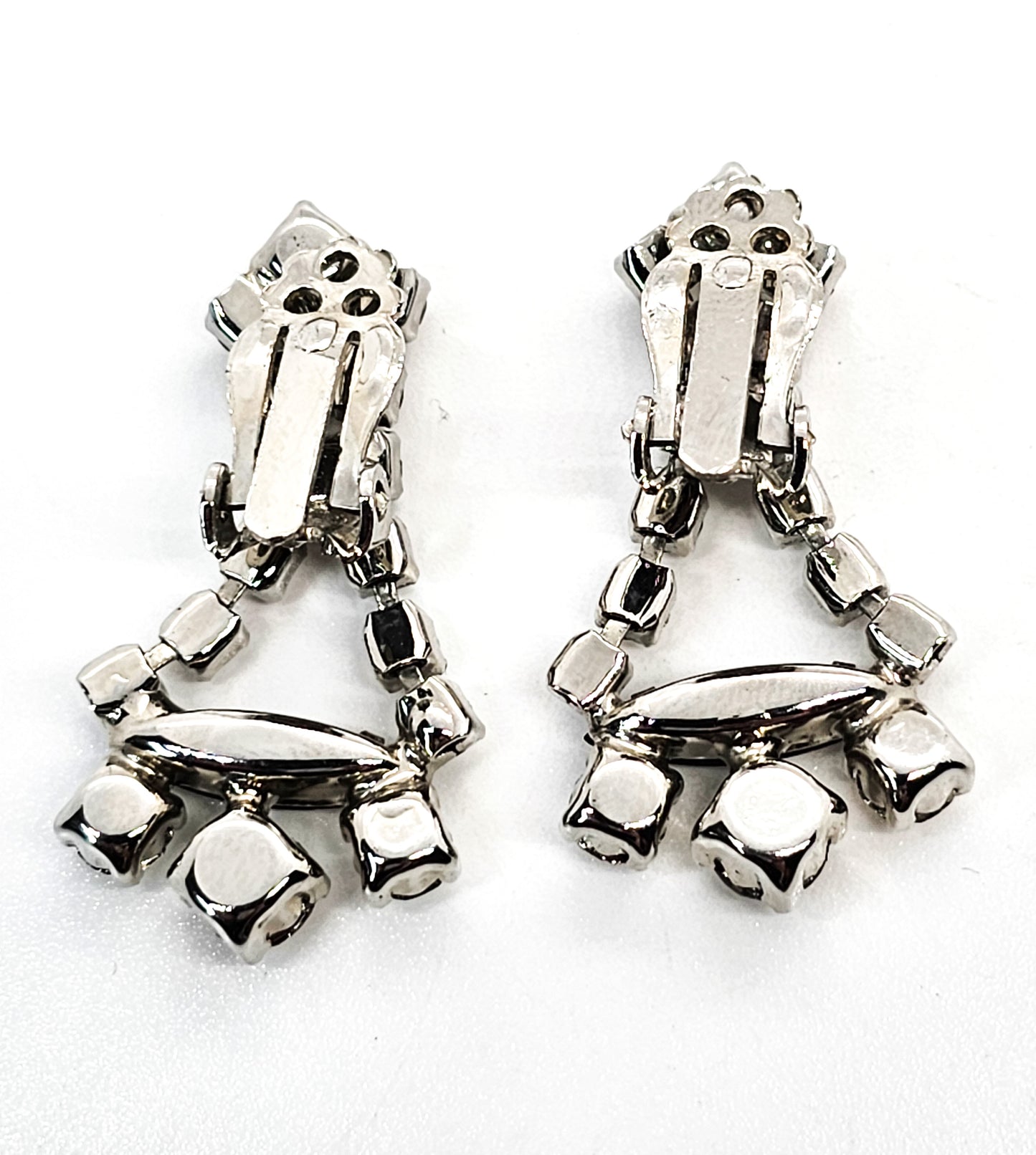 Hematite clear rhinestone articulated drop vintage mid century clip on earrings