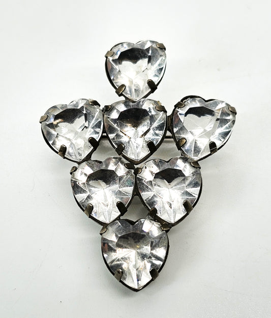 Clear heart faceted open work vintage prong set rhinestone cluster brooch