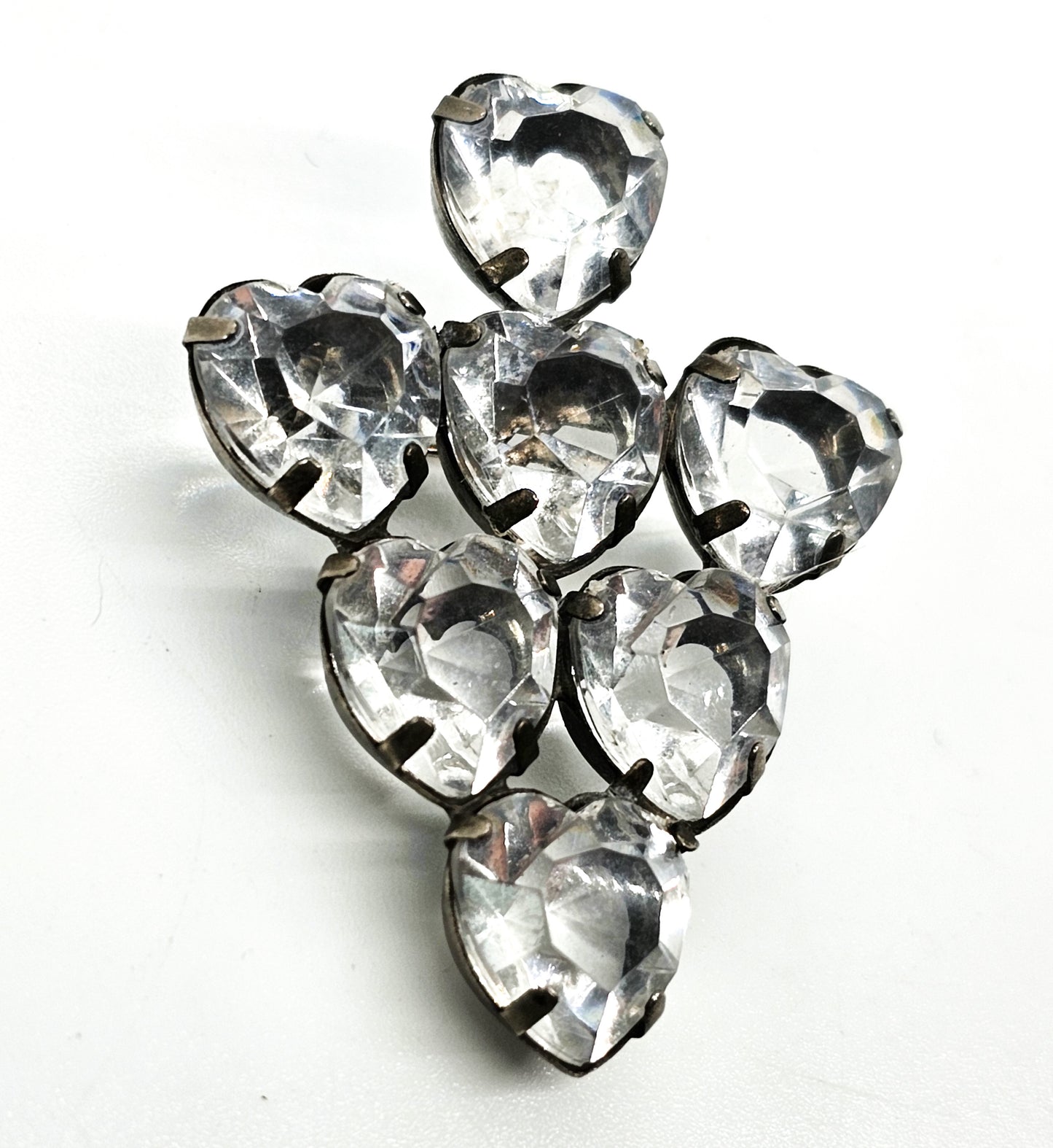 Clear heart faceted open work vintage prong set rhinestone cluster brooch