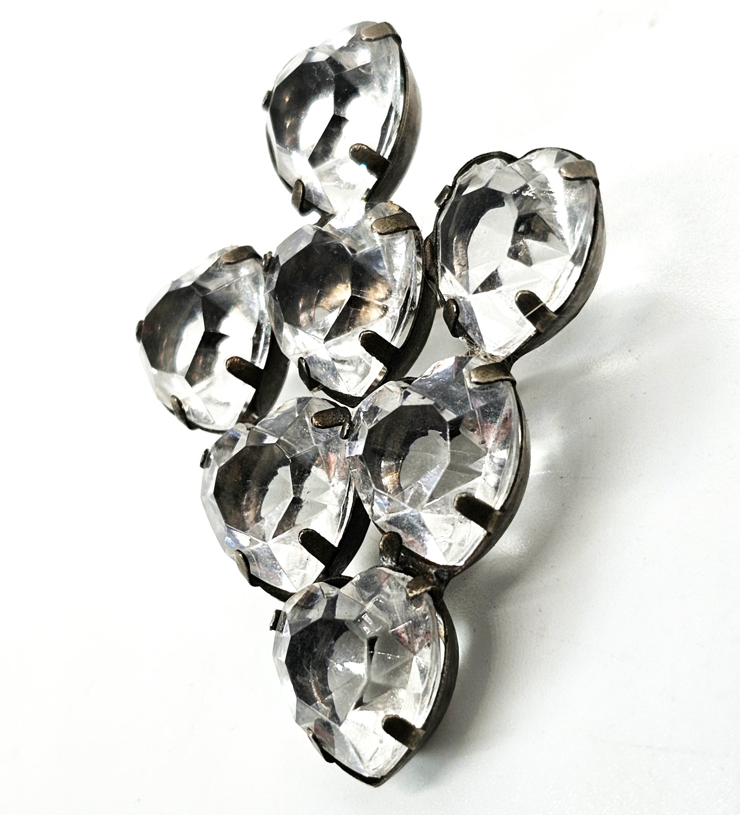 Clear heart faceted open work vintage prong set rhinestone cluster brooch