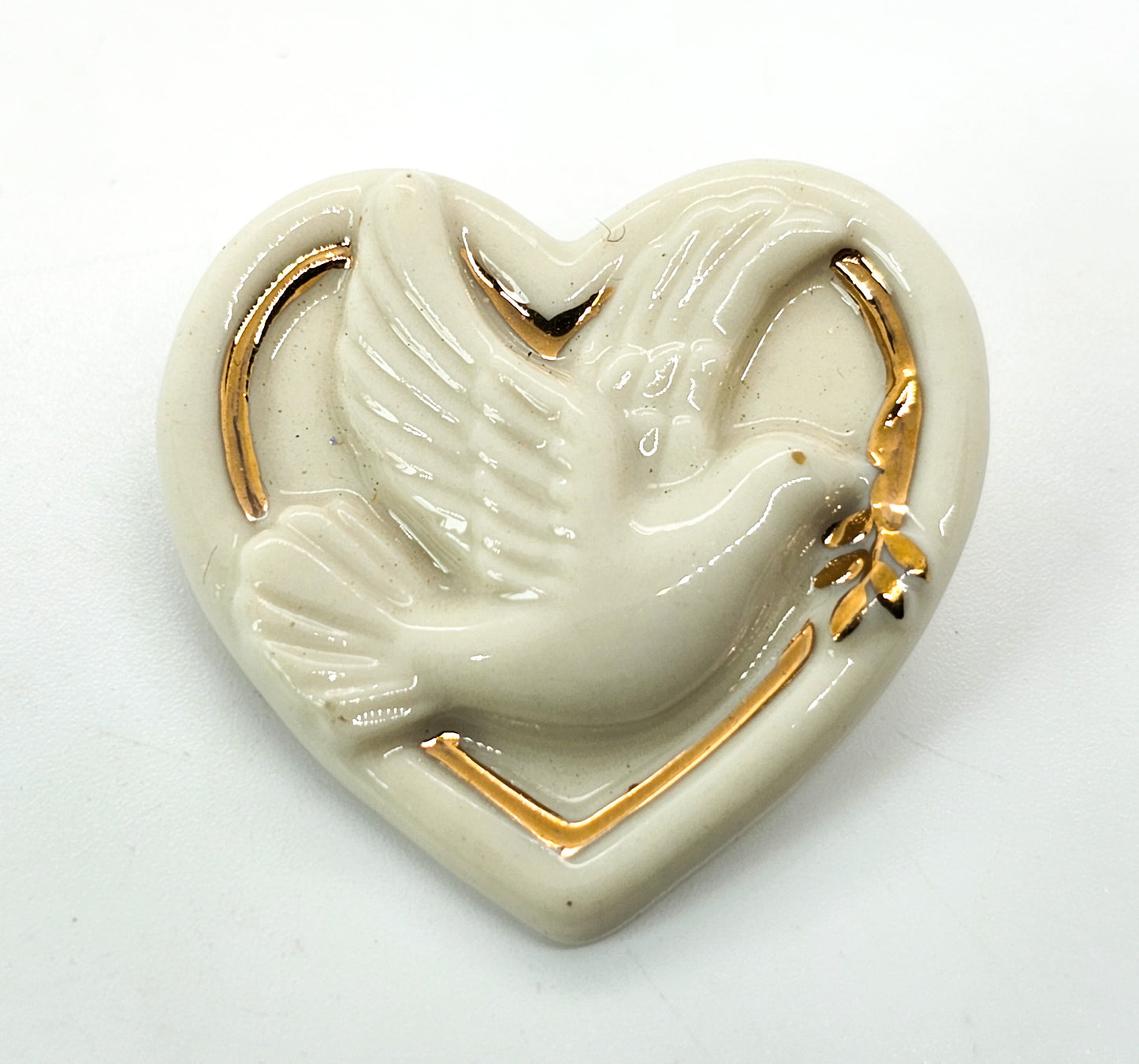 Lenox porcelain flying dove olive branch signed vintage heart brooch