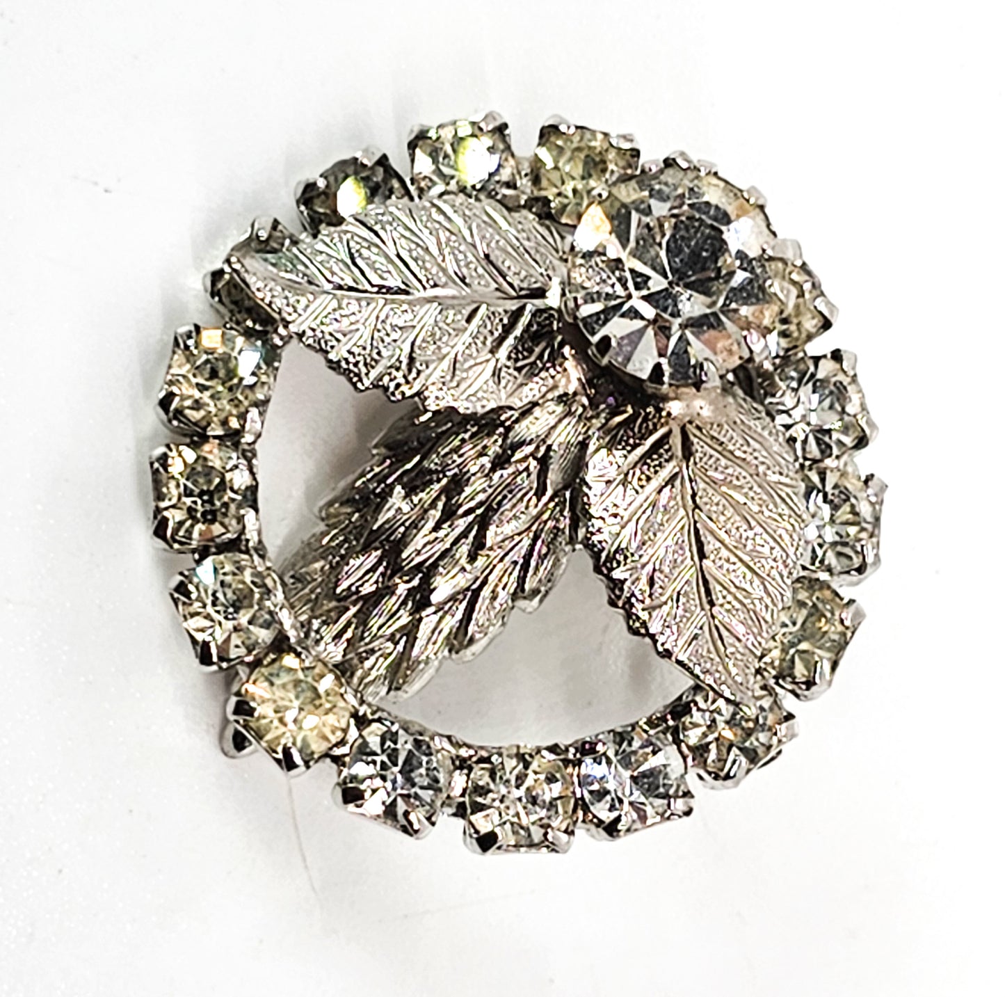 Clear rhinestone vintage floral mid century circle brooch