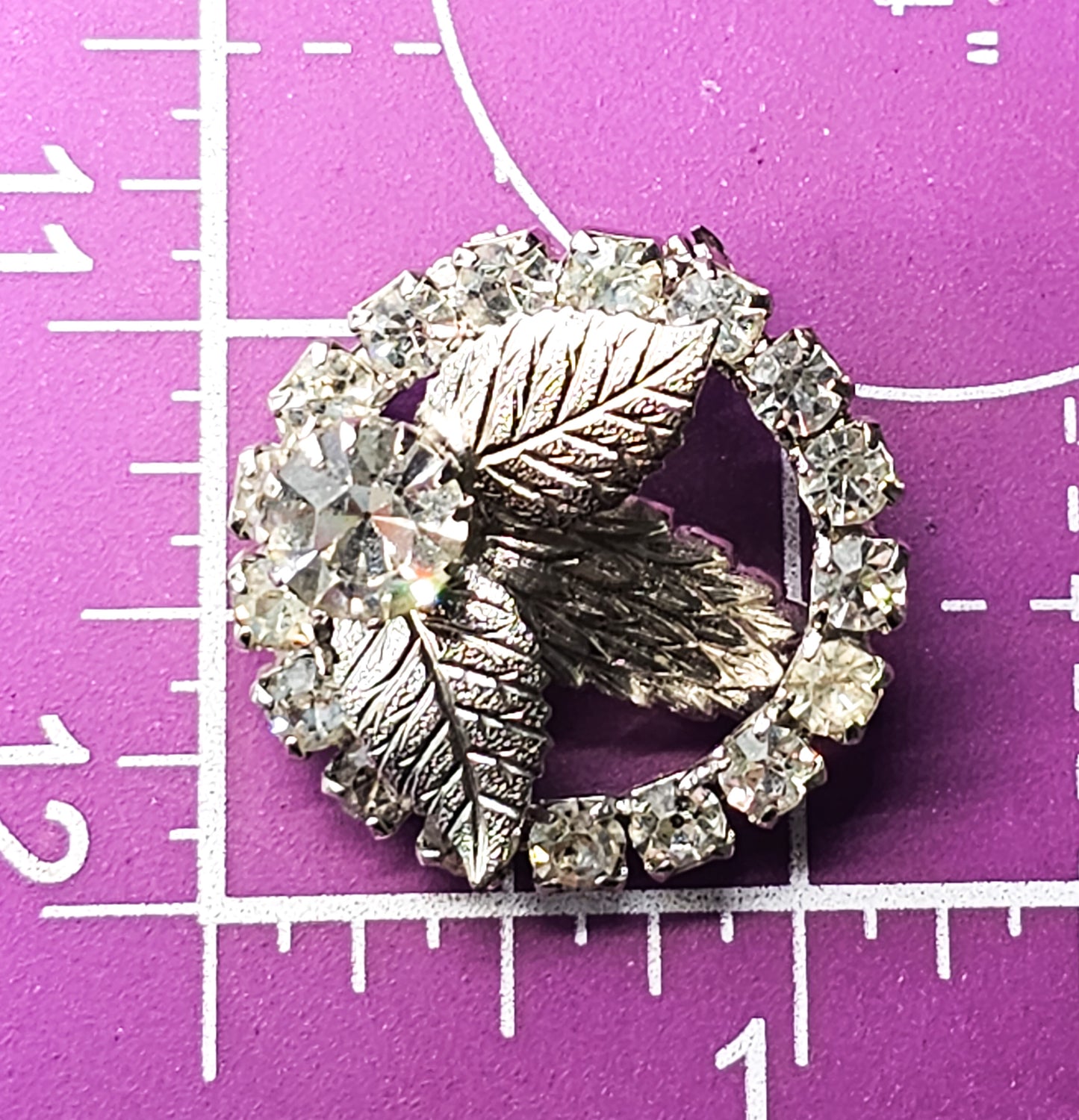 Clear rhinestone vintage floral mid century circle brooch