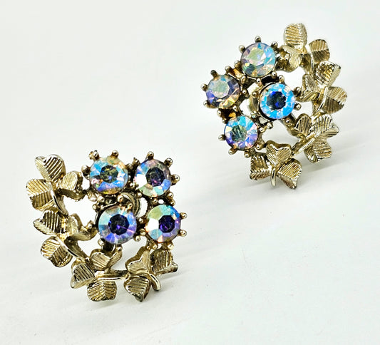 Coro clover blue Aurora Borealis gold toned vintage signed screw back earrings