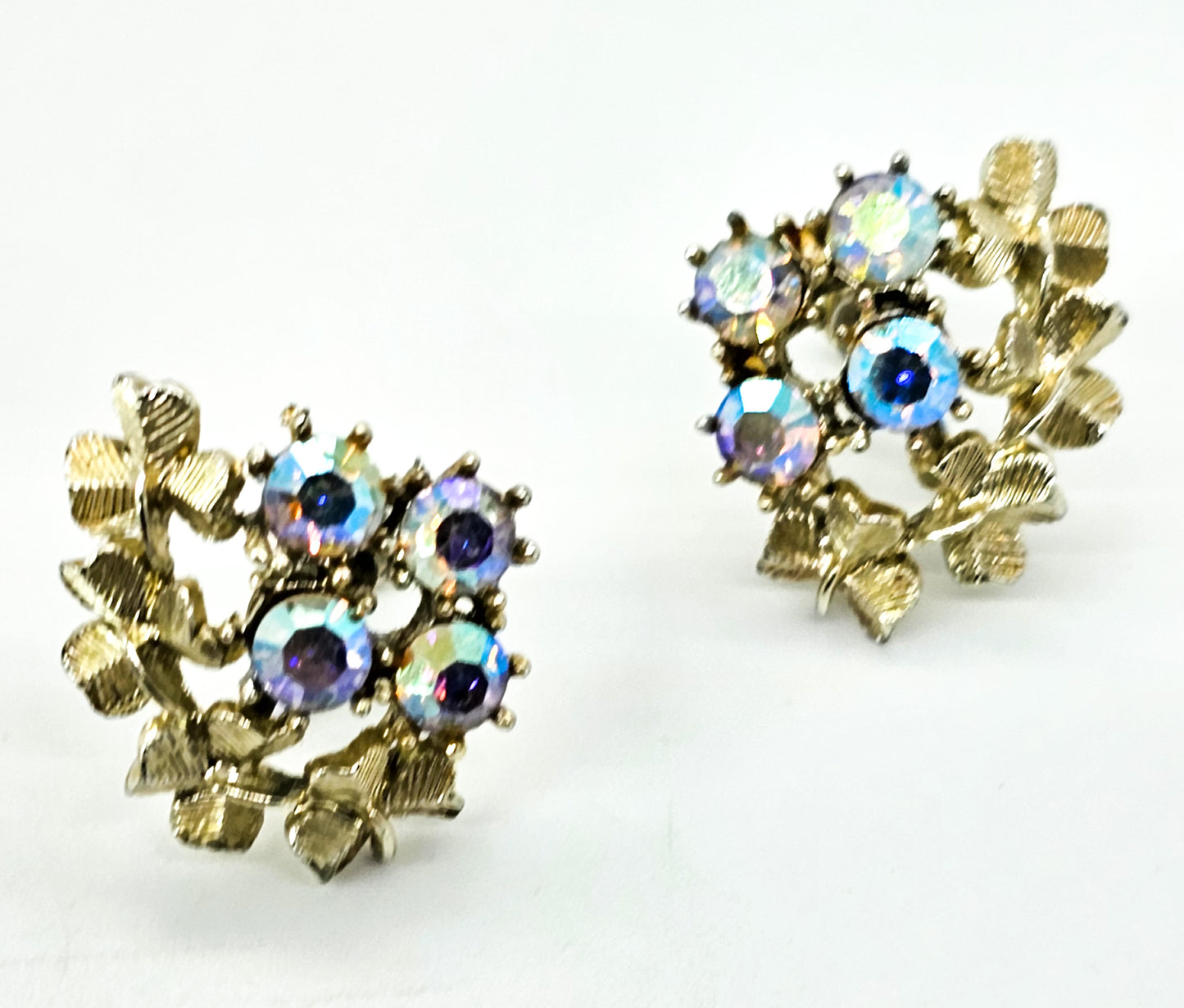 Coro clover blue Aurora Borealis gold toned vintage signed screw back earrings