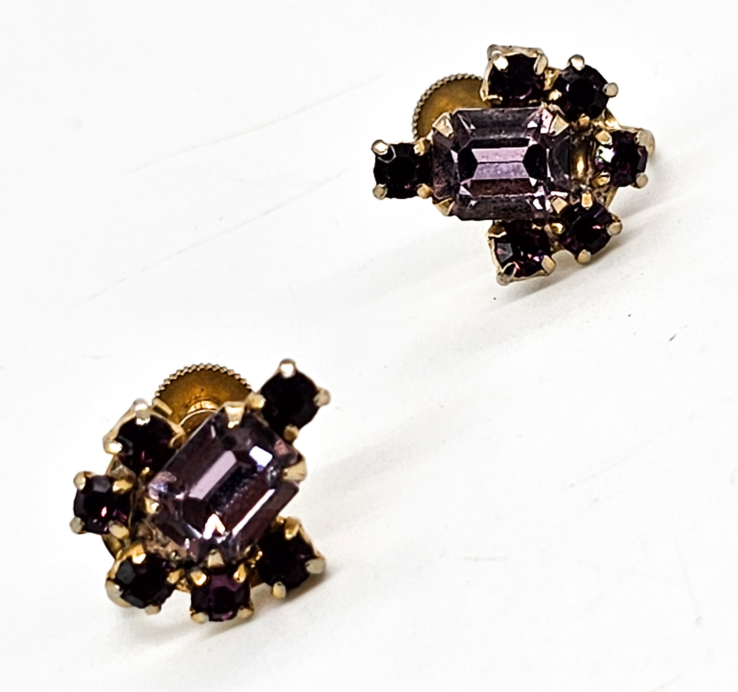 Double purple Royal and Lilac gold toned vintage screw back earrings mid century