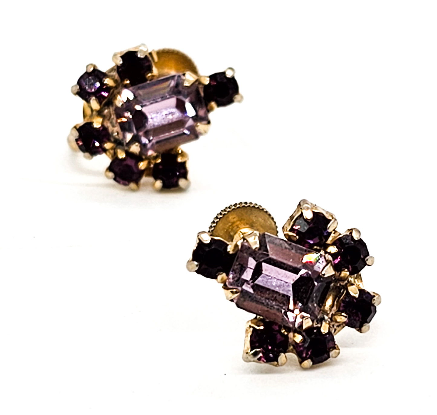 Double purple Royal and Lilac gold toned vintage screw back earrings mid century