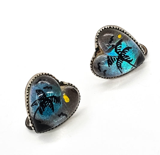 Butterfly wing palm tree beach vintage sterling silver screw back heart earrings