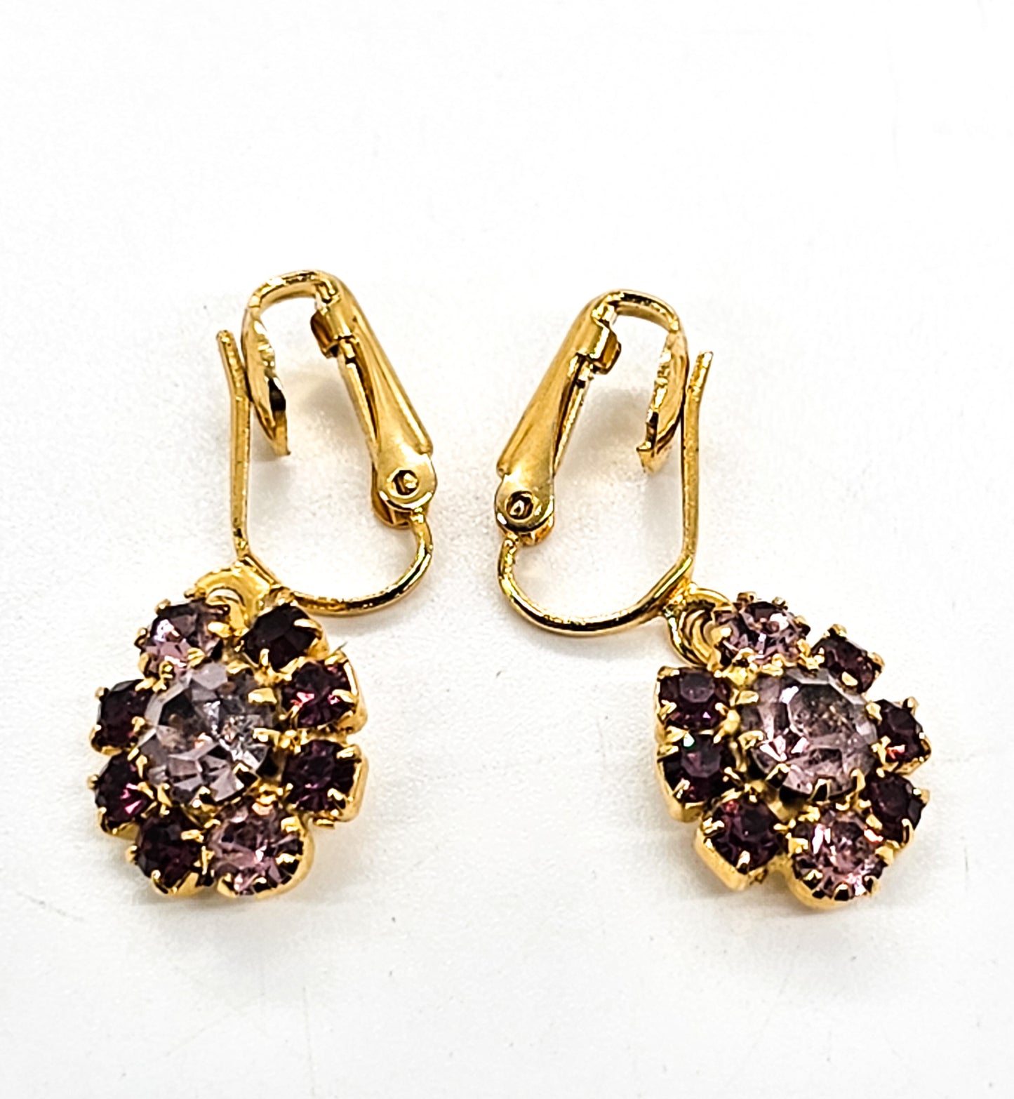 Light and Dark purple gold toned vintage clip on drop earrings