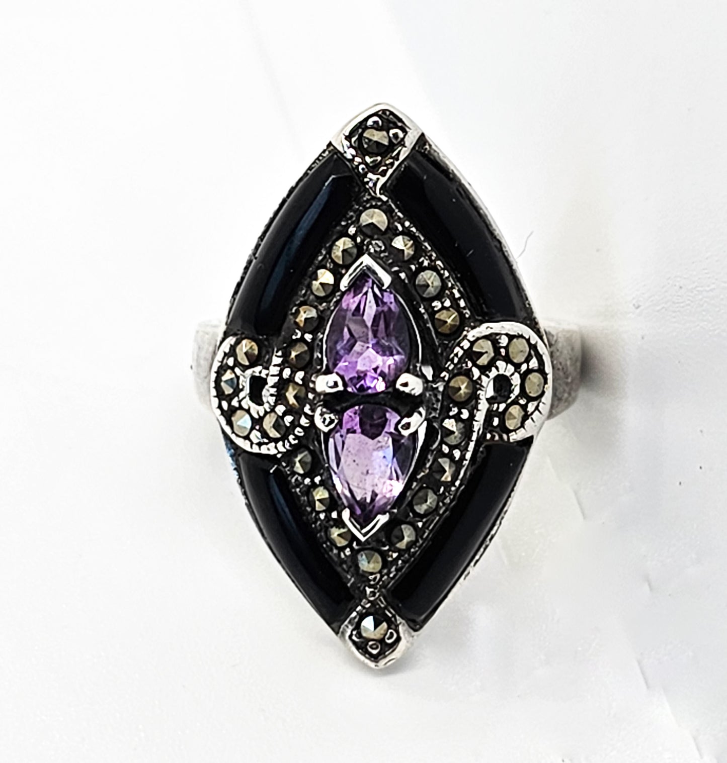 NF Onyx and marcasite large amethyst sterling silver statement ring size 6