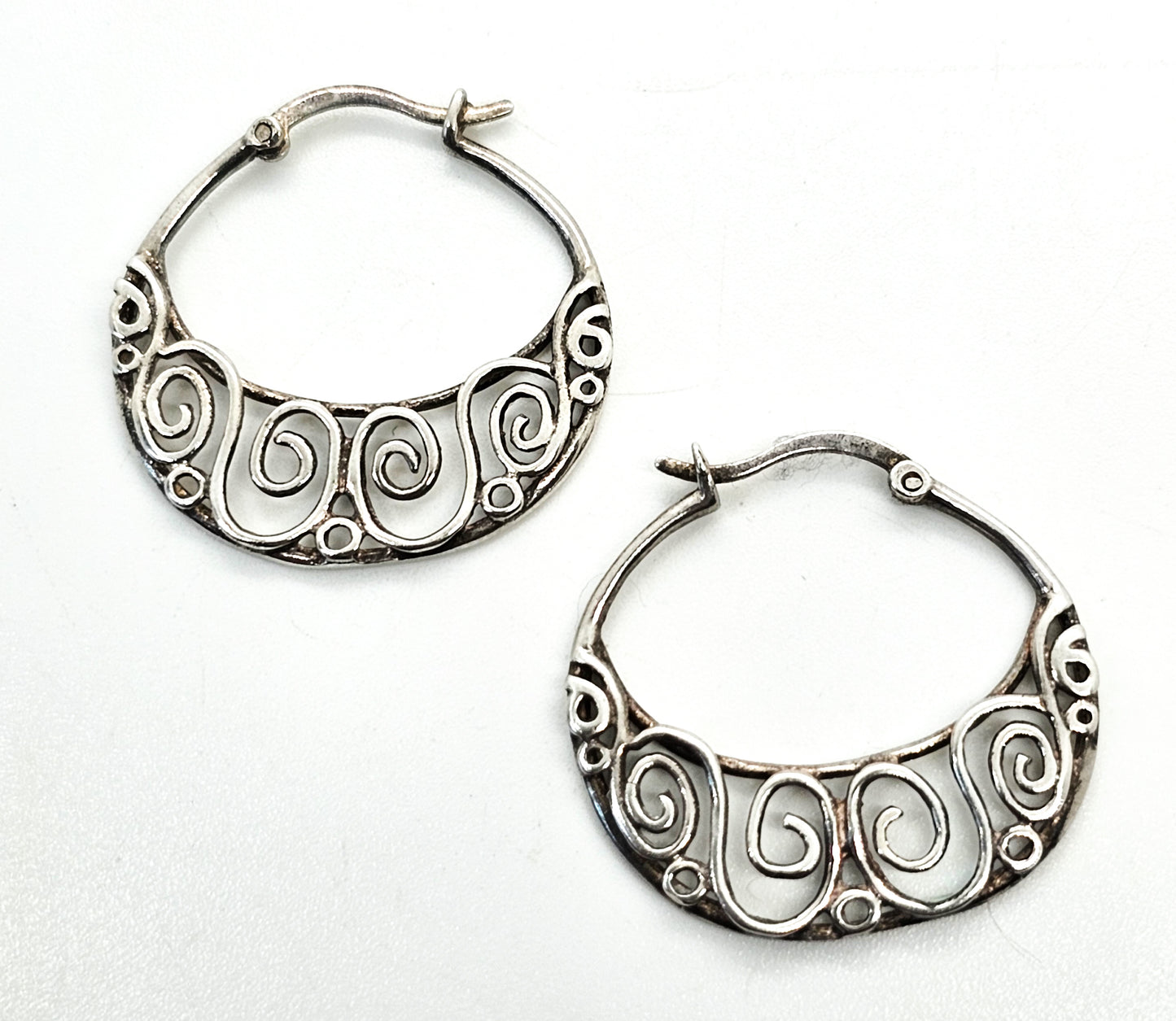 Tribal artisan swirl vintage sterling silver large hoop statement earrings