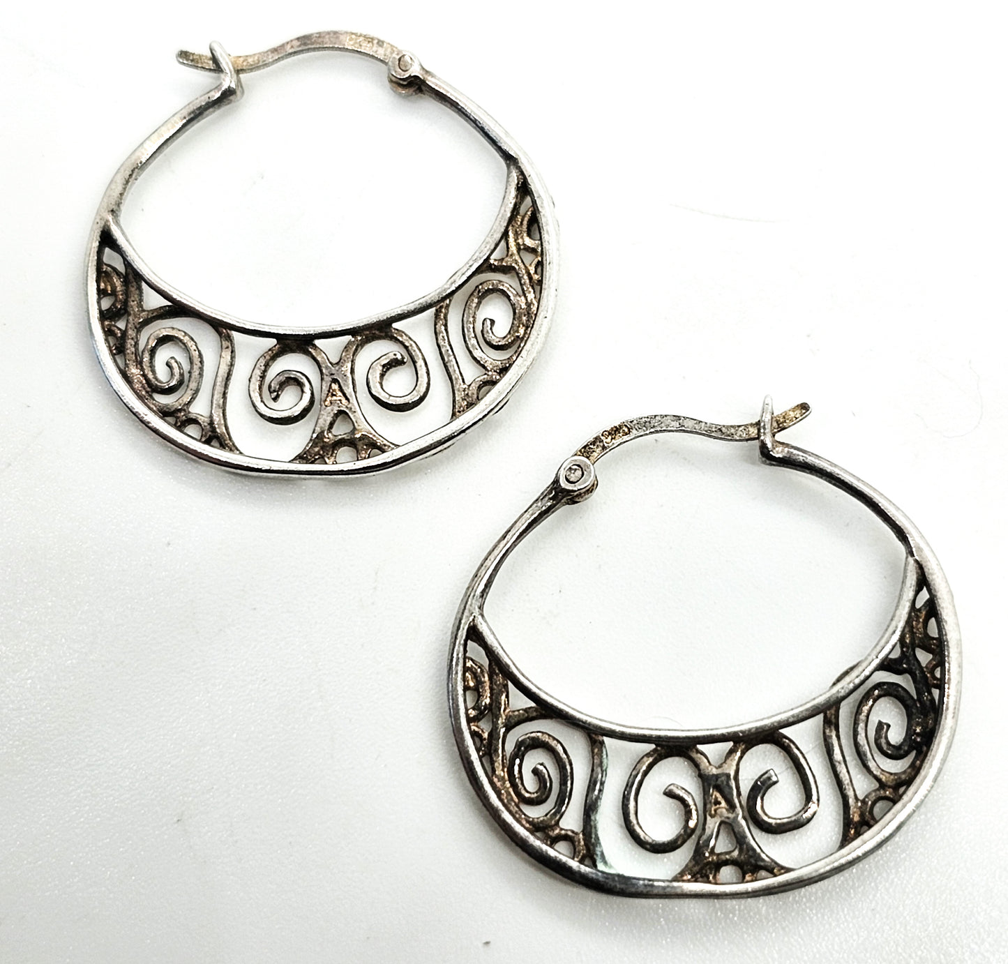 Tribal artisan swirl vintage sterling silver large hoop statement earrings
