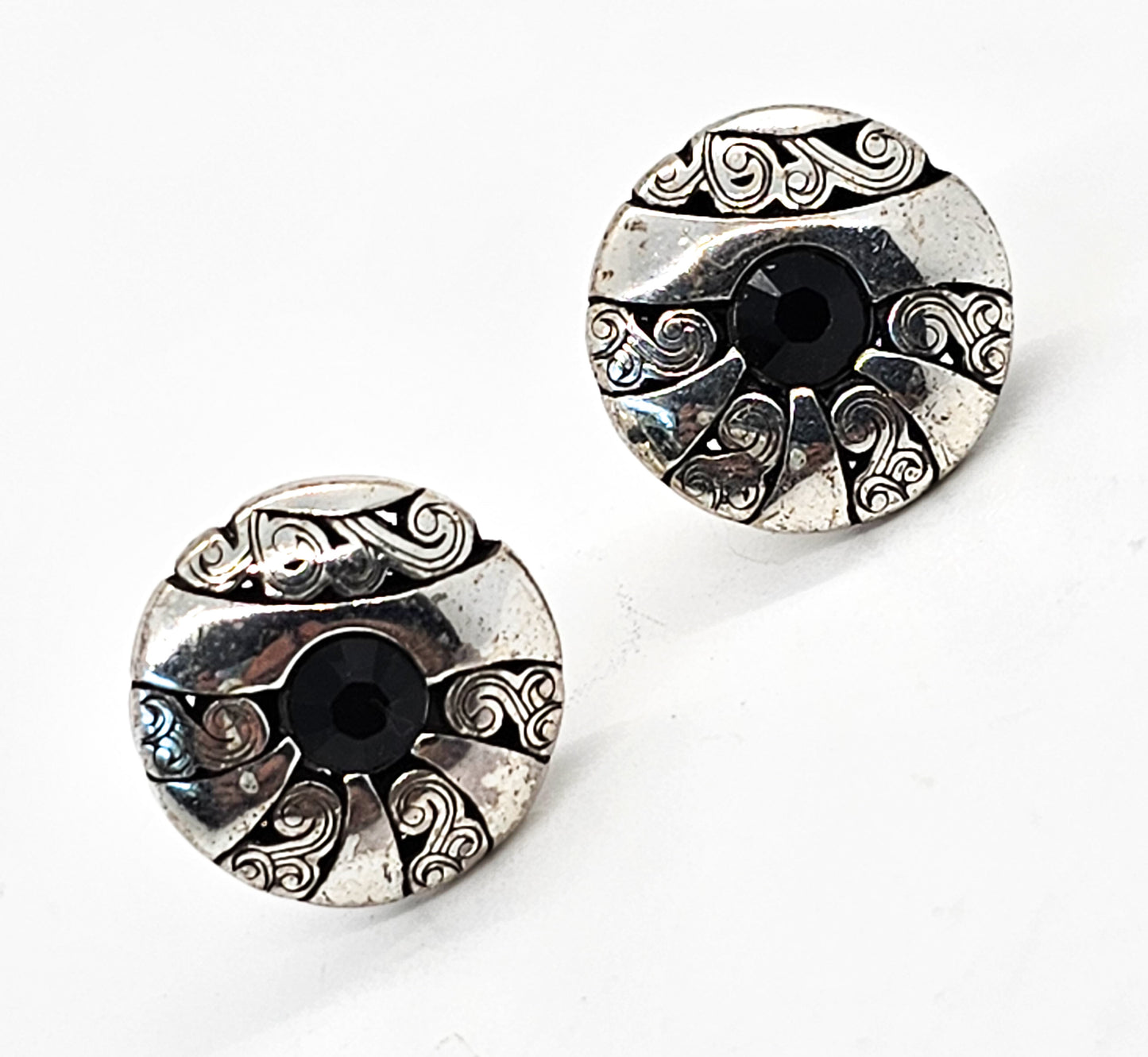 Black and silver tribal cartouche donut with black paste sterling silver stud earrings