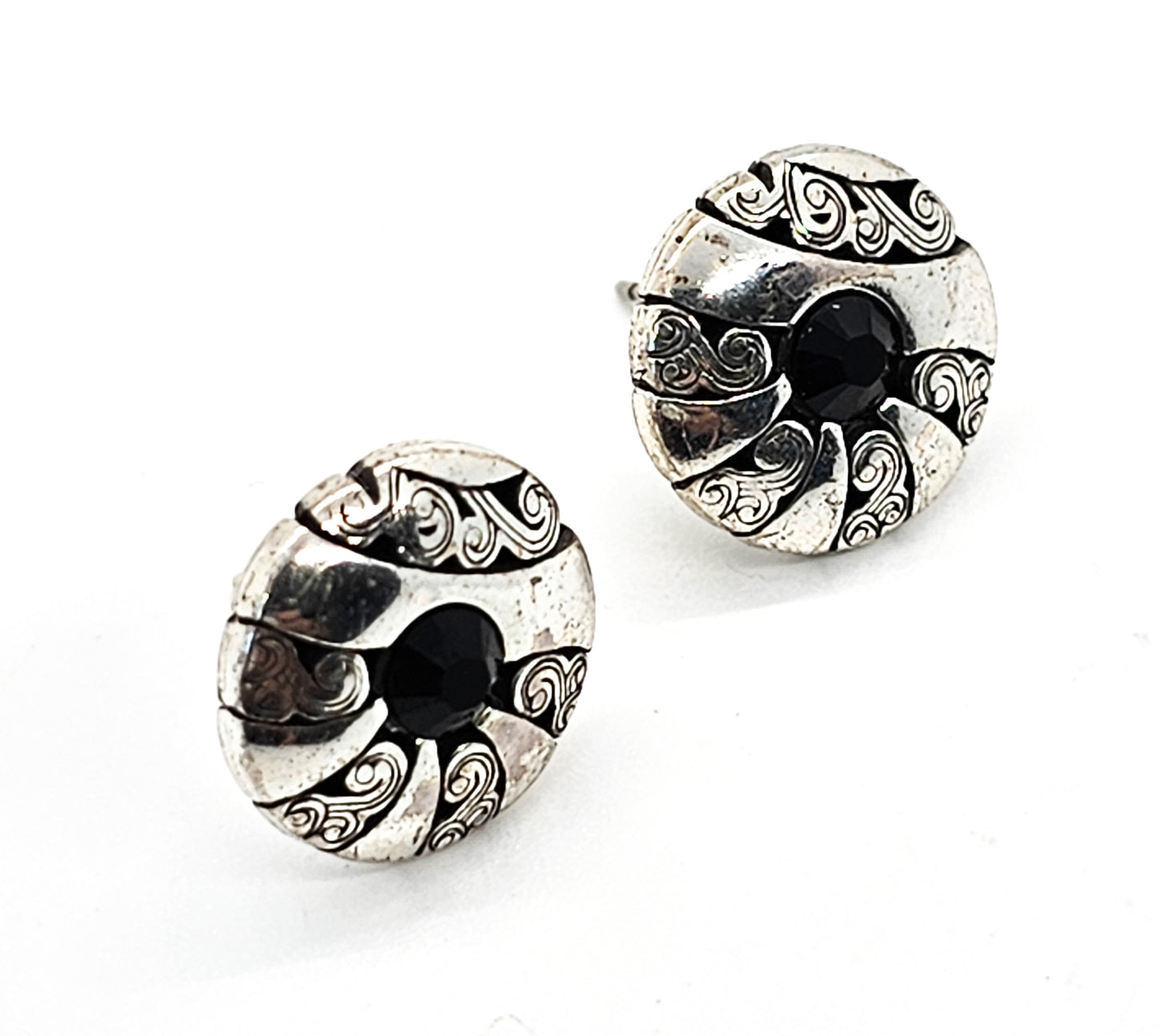 Black and silver tribal cartouche donut with black paste sterling silver stud earrings