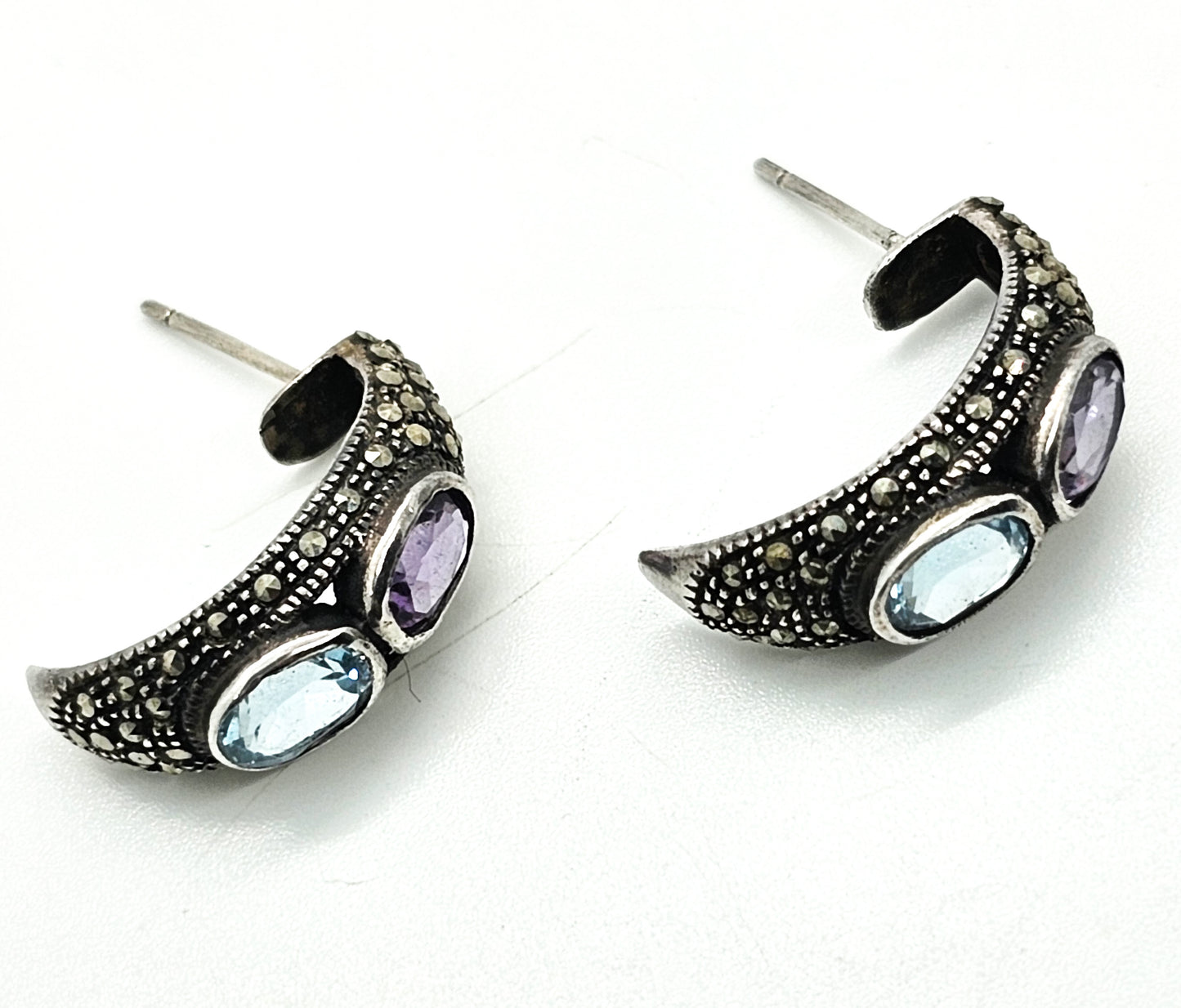 Purple Amethyst and Blue Topaz Marcasite vintage sterling silver hoop earrings