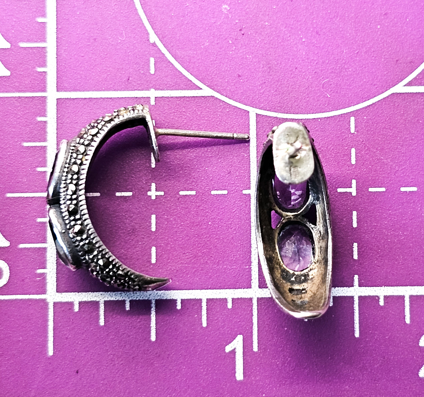 Purple Amethyst and Blue Topaz Marcasite vintage sterling silver hoop earrings