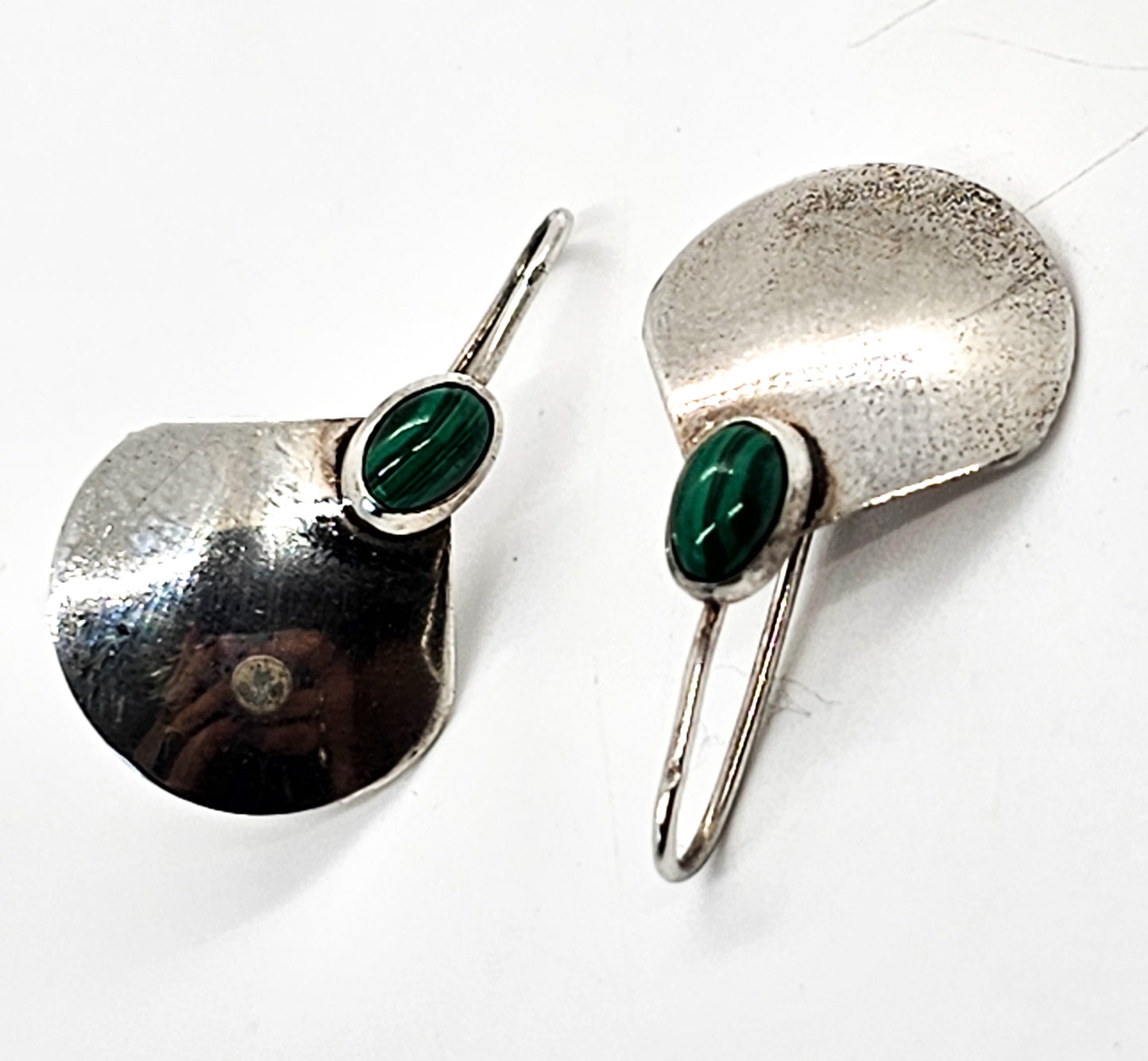 Malachite banded green gemstone modernist sterling silver drop vintage earrings