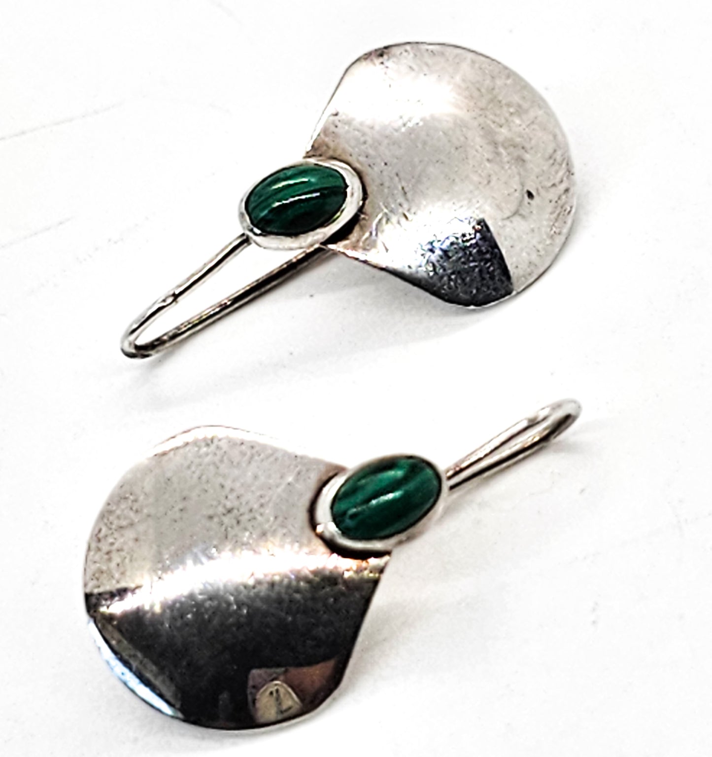 Malachite banded green gemstone modernist sterling silver drop vintage earrings
