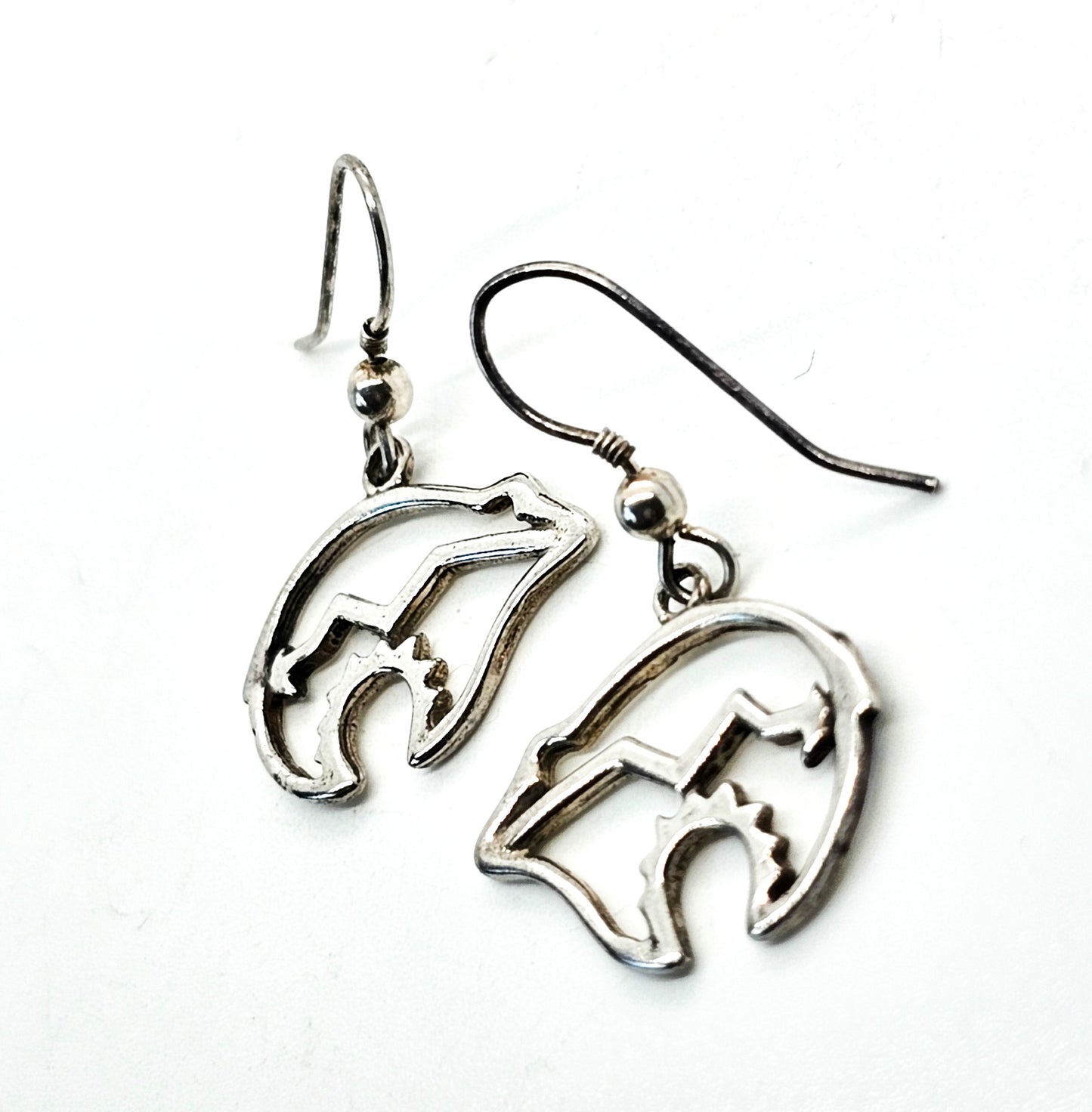 Zuni Bear Native American Open work Heart line sterling silver vintage drop earrings