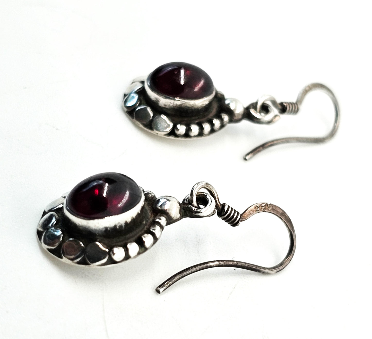 Blood red tribal Balinese Bali style sterling silver drop earrings