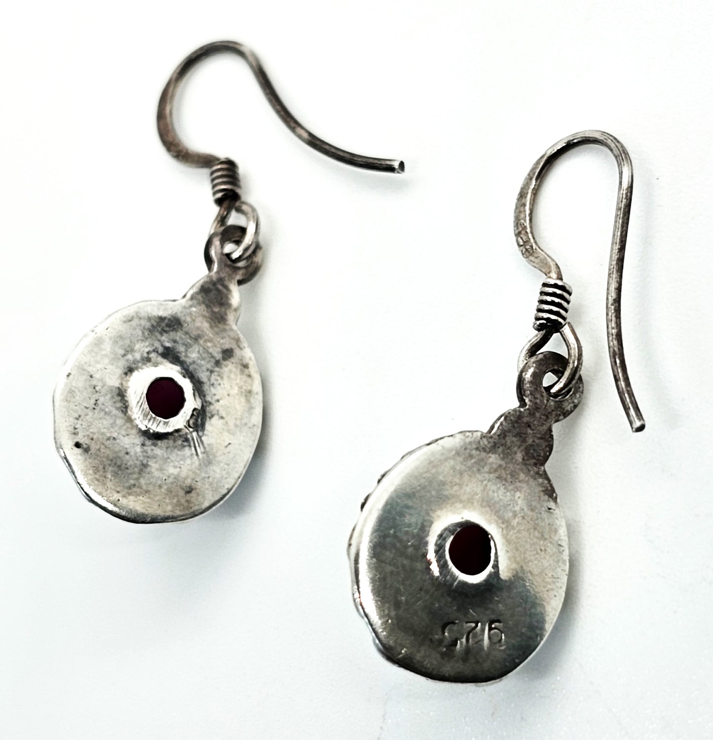 Blood red tribal Balinese Bali style sterling silver drop earrings