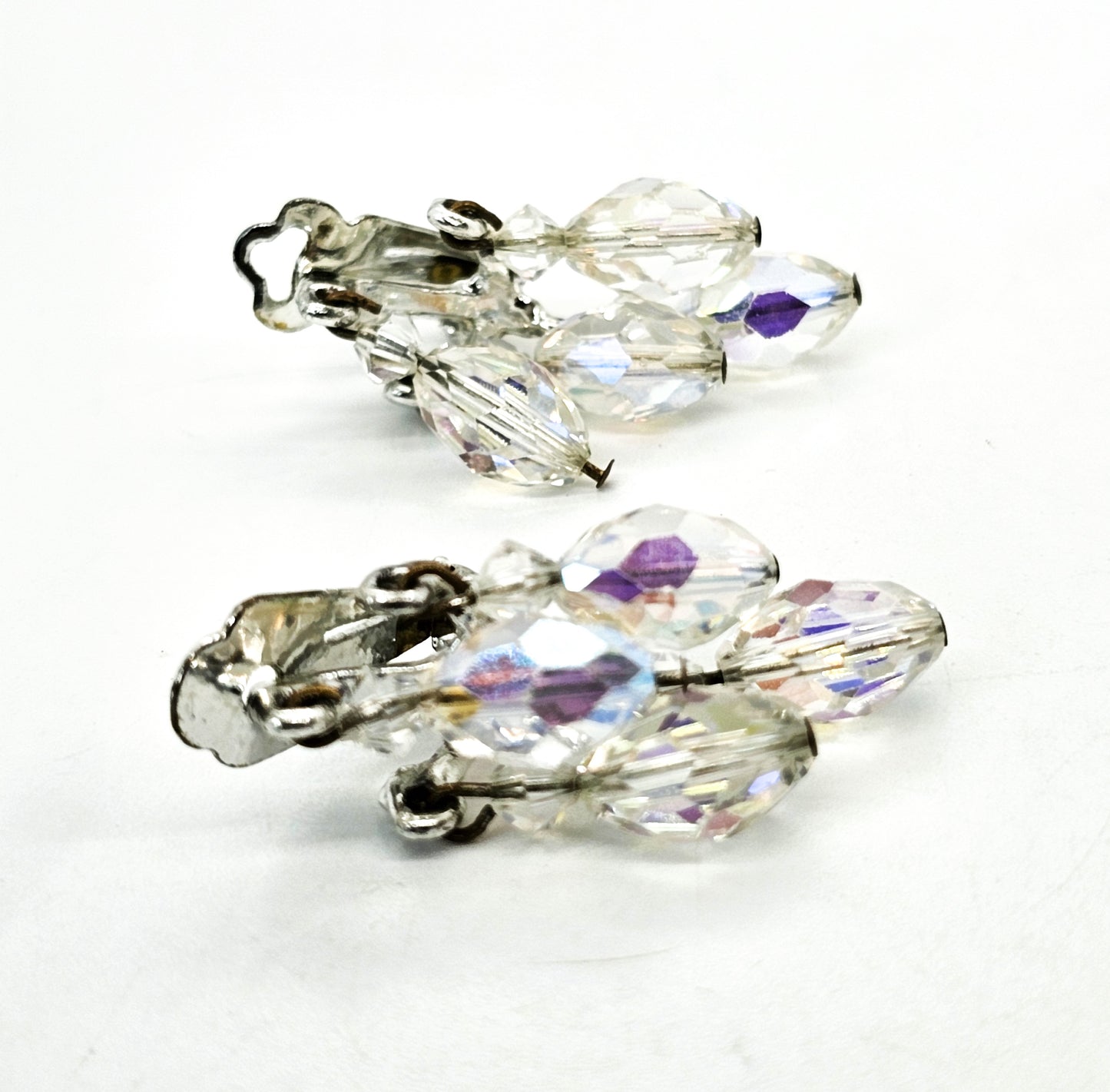 Austrian crystal Aurora Borealis rainbow drop clip on vintage earrings