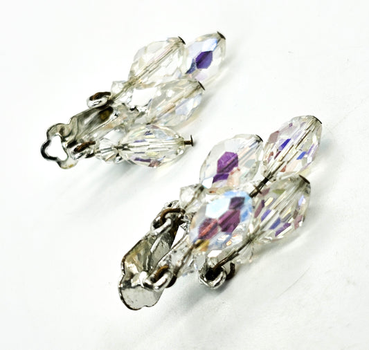 Austrian crystal Aurora Borealis rainbow drop clip on vintage earrings