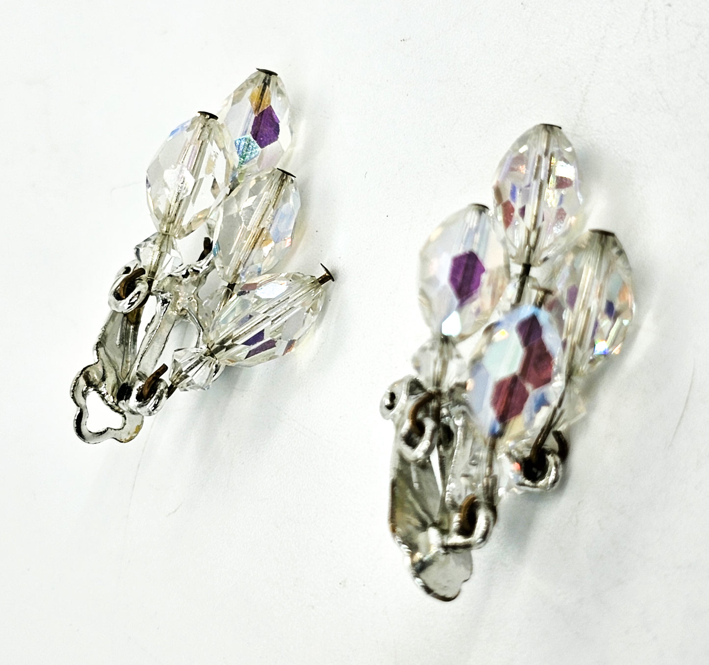 Austrian crystal Aurora Borealis rainbow drop clip on vintage earrings